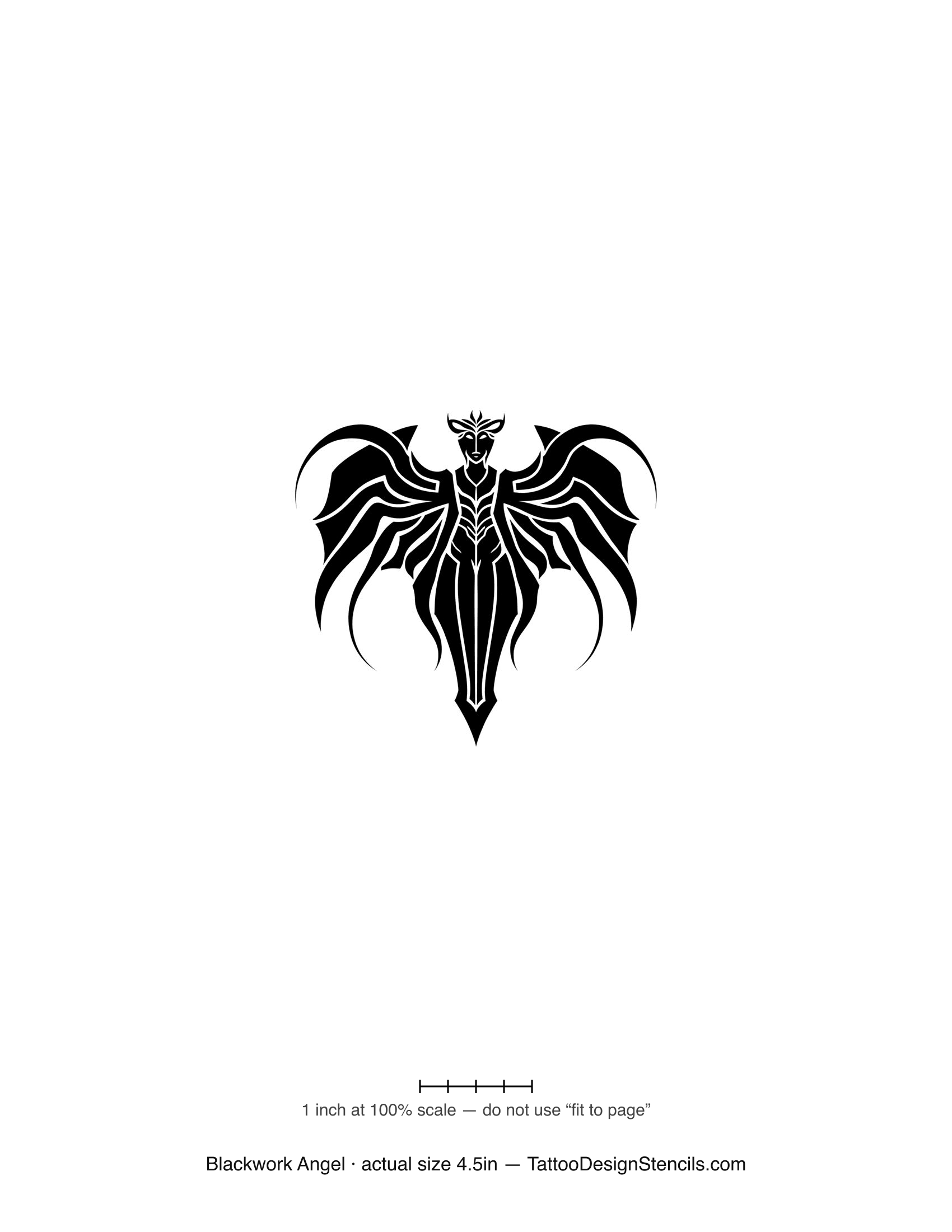 Blackwork angel tattoo stencil — bold symmetric winged figure
