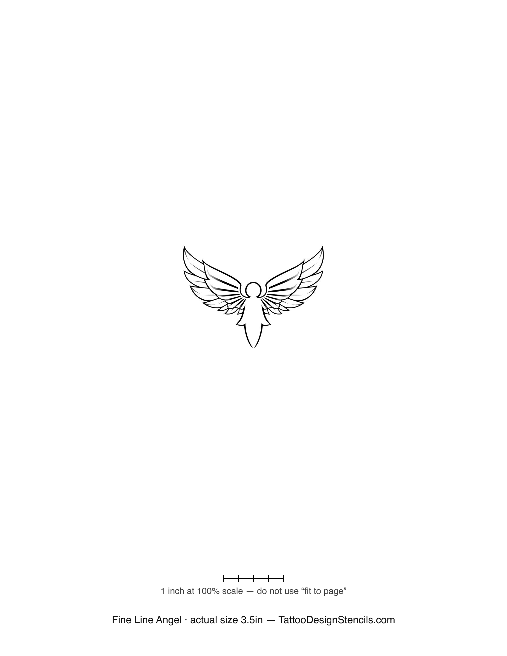 Fine line angel tattoo stencil — minimal wings and halo in thin linework
