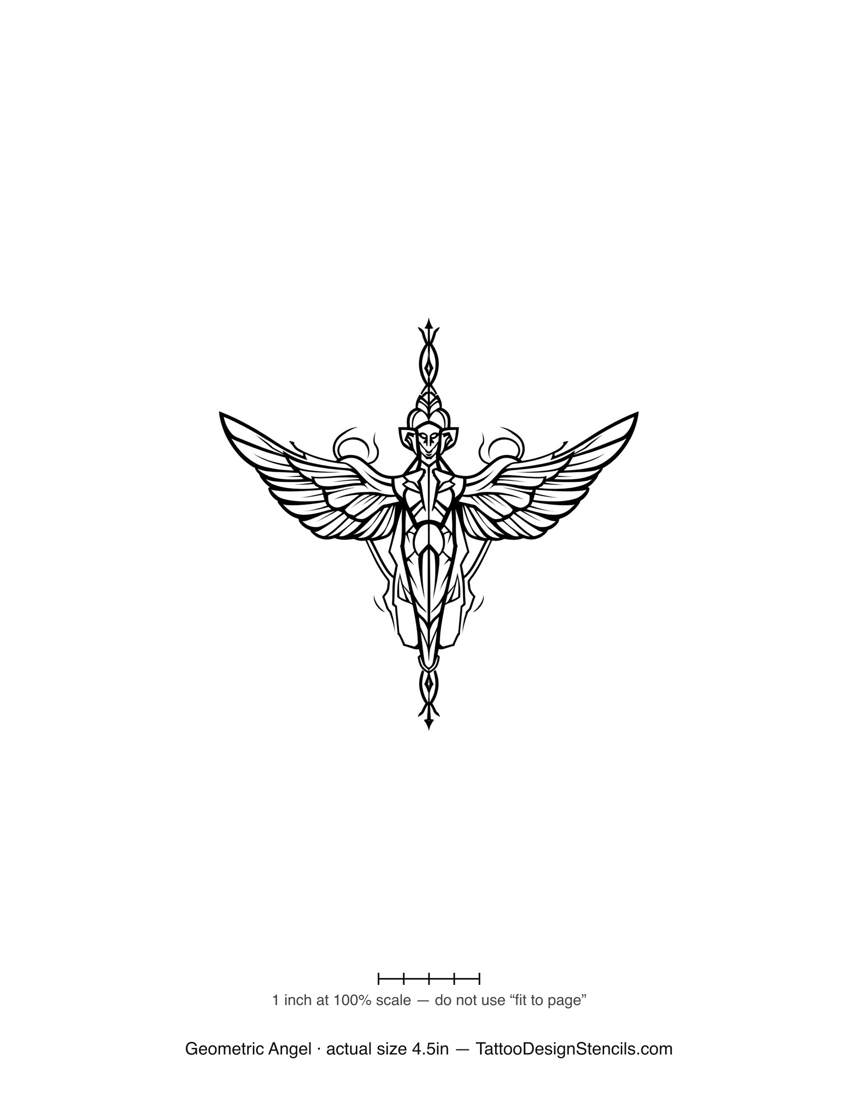 Geometric angel tattoo stencil — winged figure in fine geometric linework