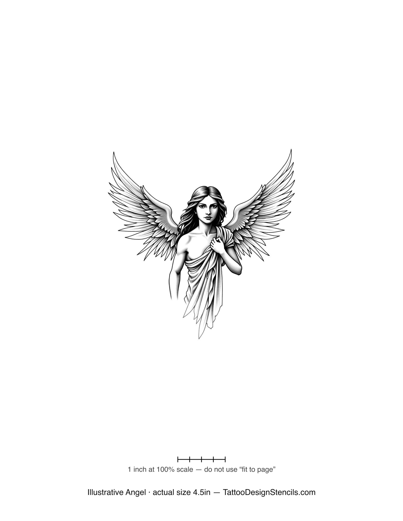 Illustrative angel tattoo stencil — detailed angel with spread wings