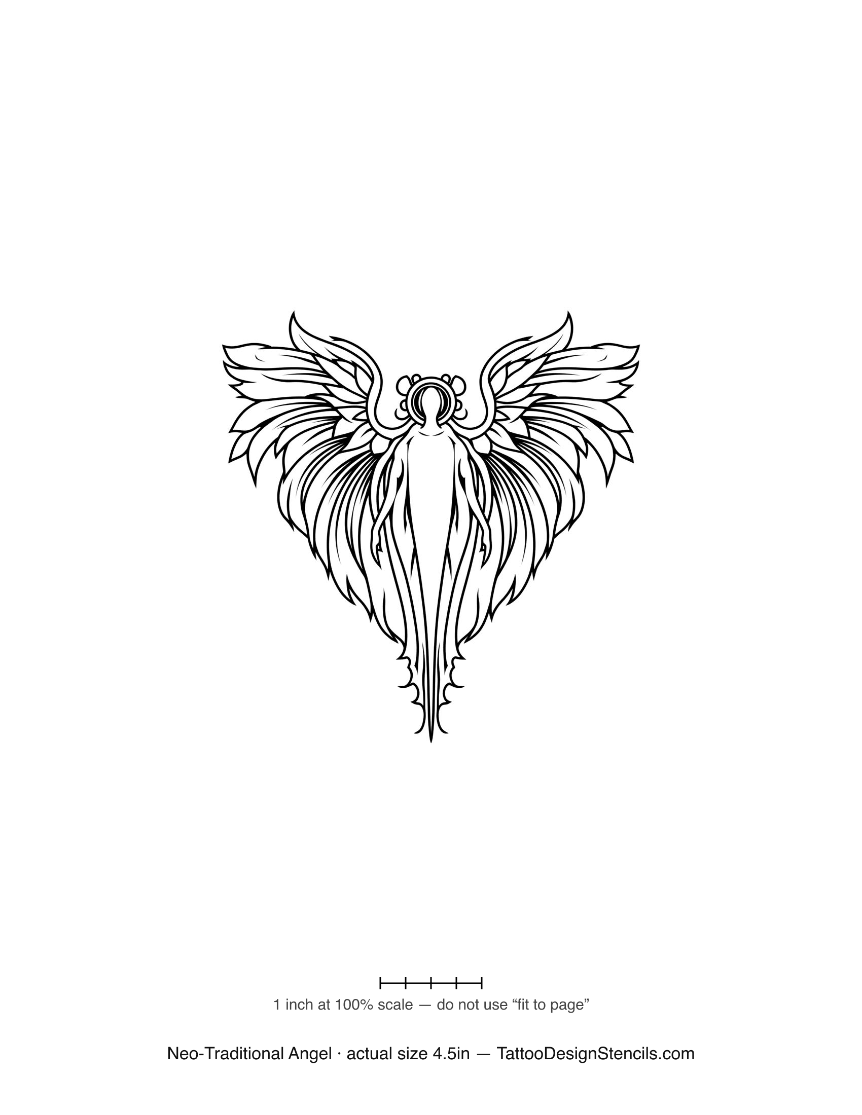 Neo-traditional angel tattoo stencil — ornate angel with layered wings