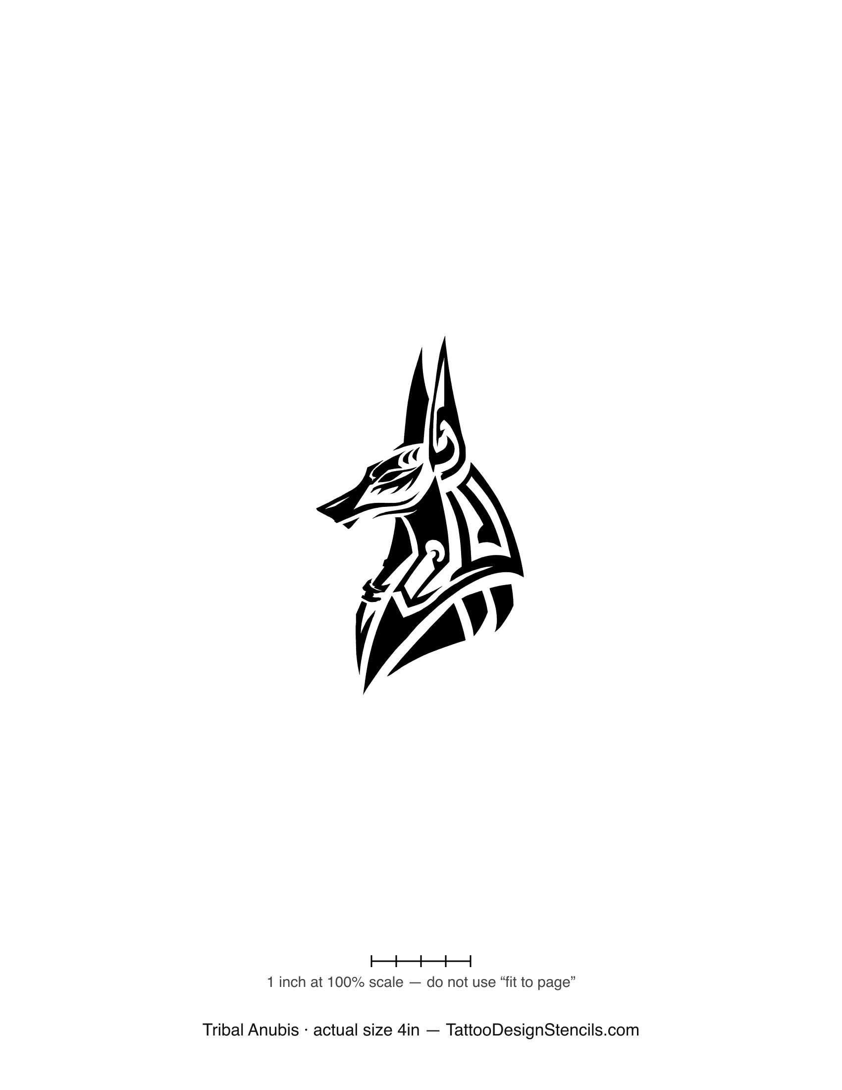 Tribal Anubis tattoo stencil — jackal god profile in bold black strokes