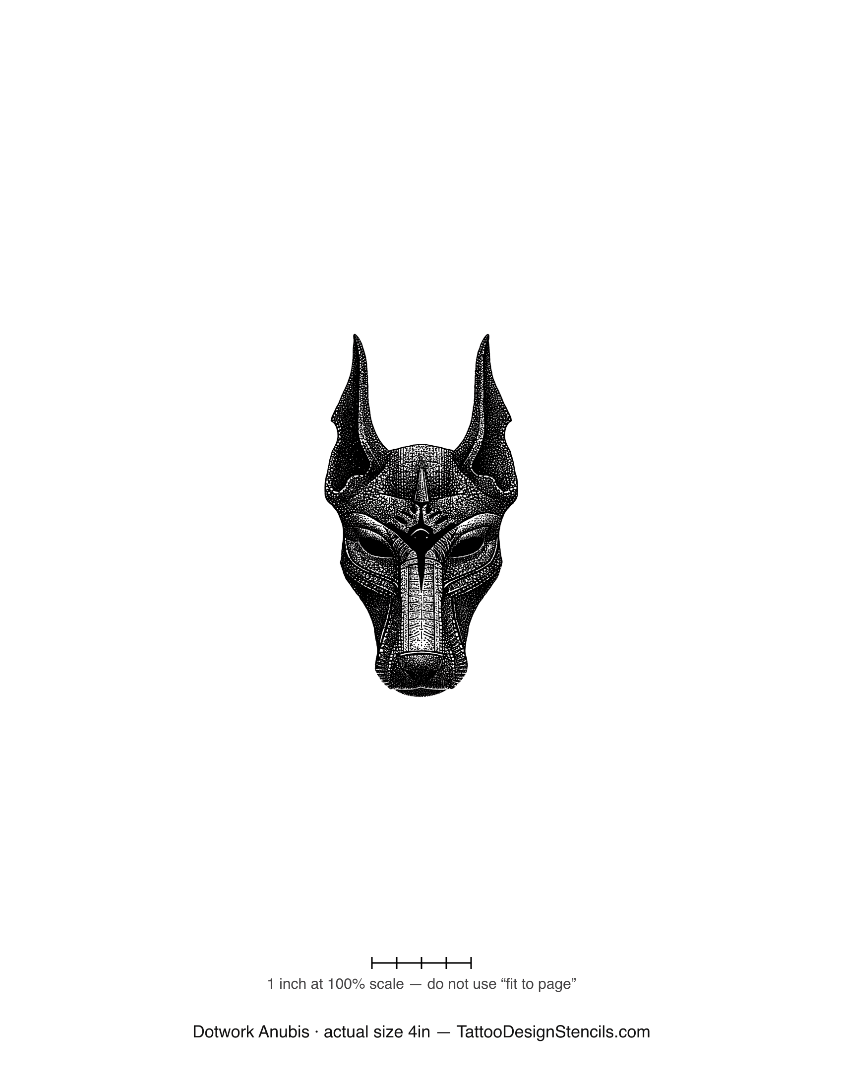 Dotwork Anubis tattoo stencil — front-facing jackal head in fine stipple