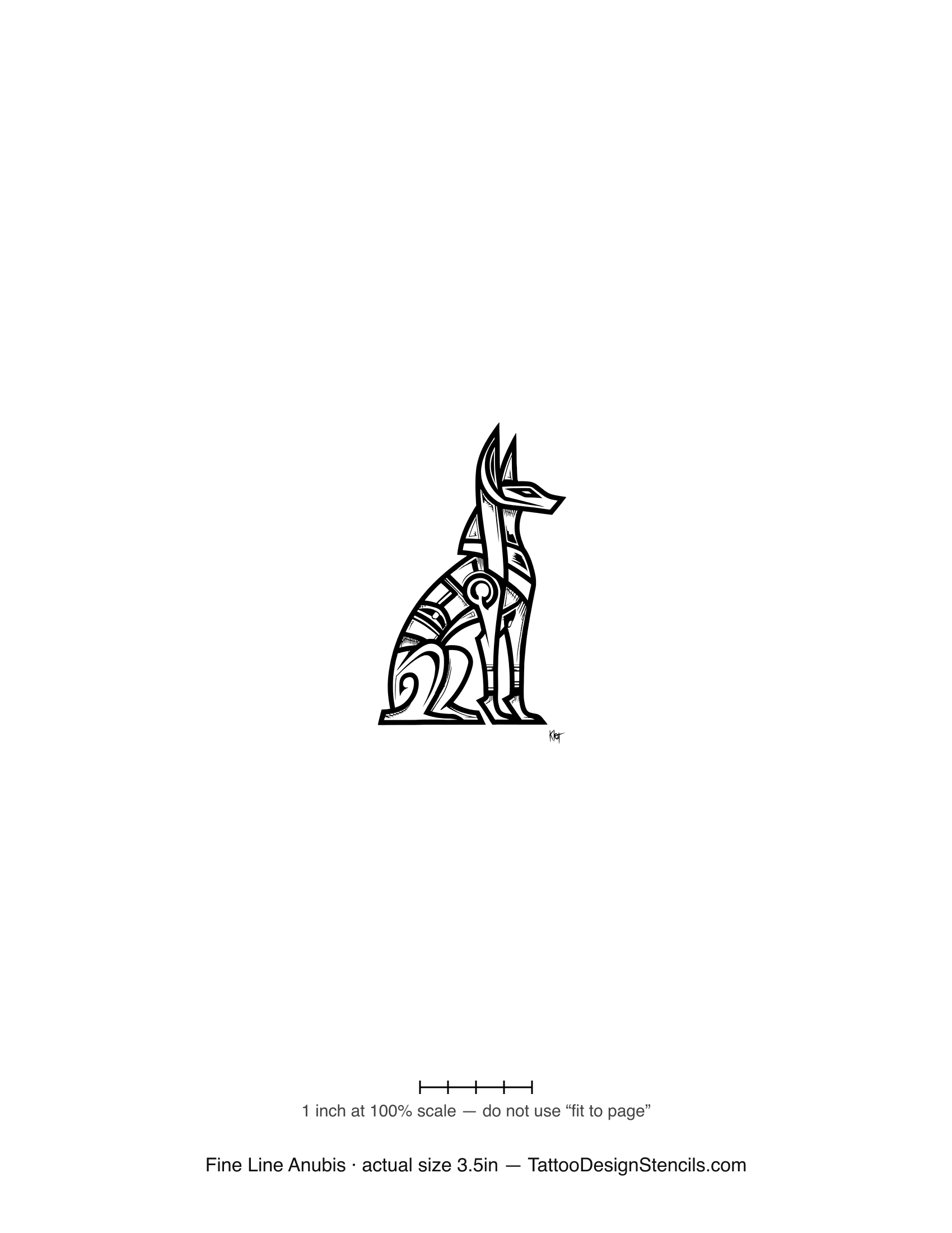 Fine line Anubis tattoo stencil — seated jackal in delicate hairline linework