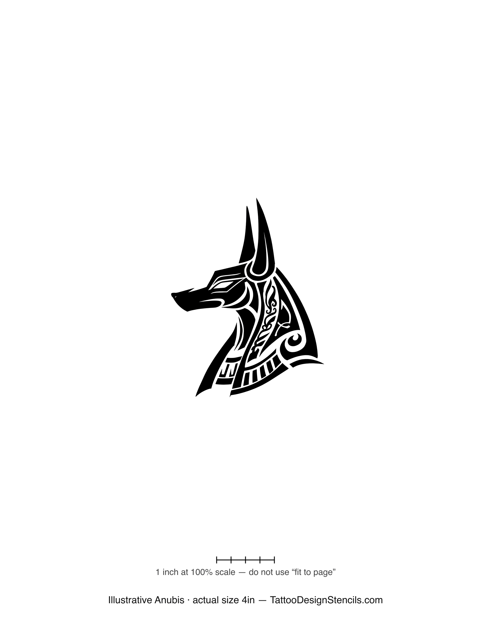 Illustrative Anubis tattoo stencil — detailed jackal profile with Egyptian ornament