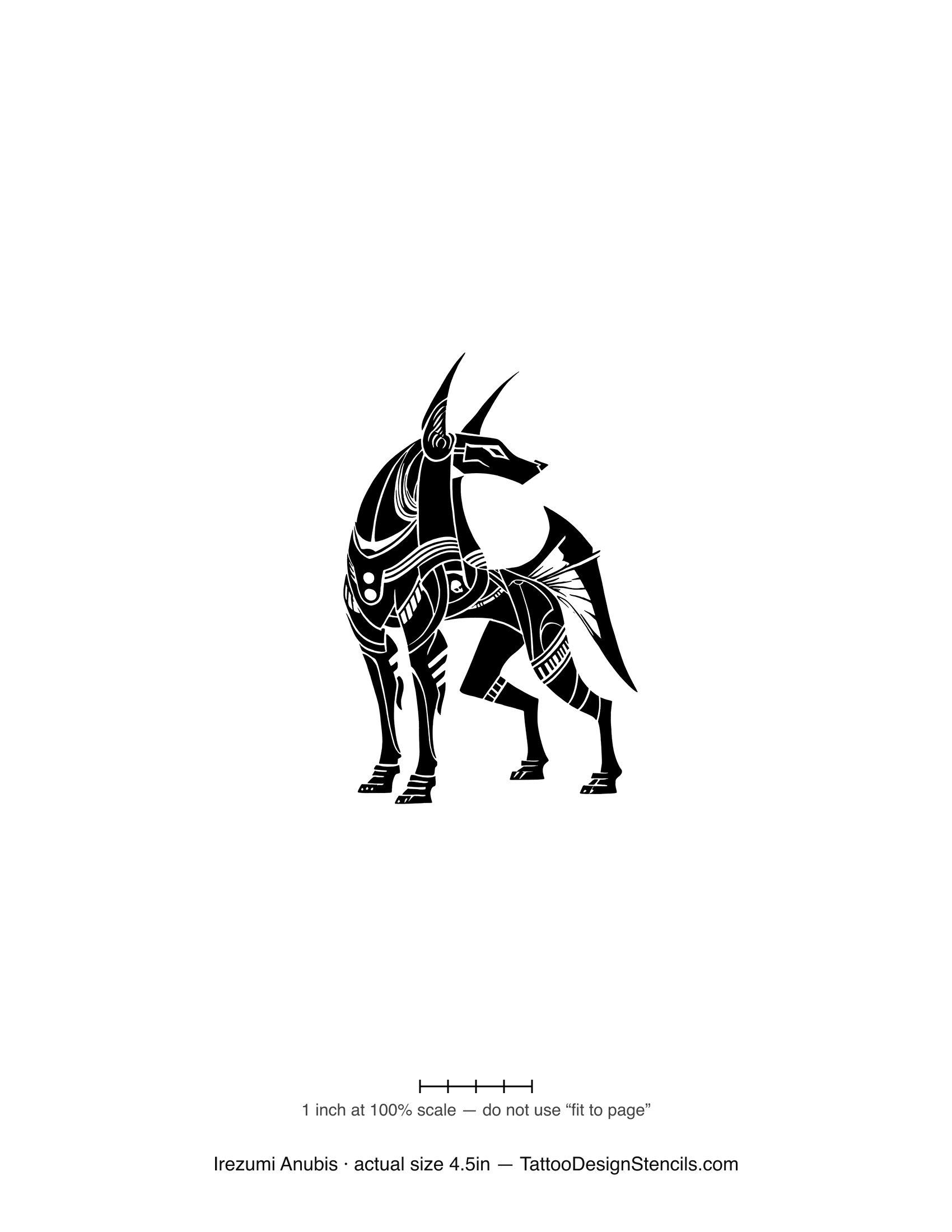 Japanese irezumi Anubis tattoo stencil — full standing jackal in woodblock linework