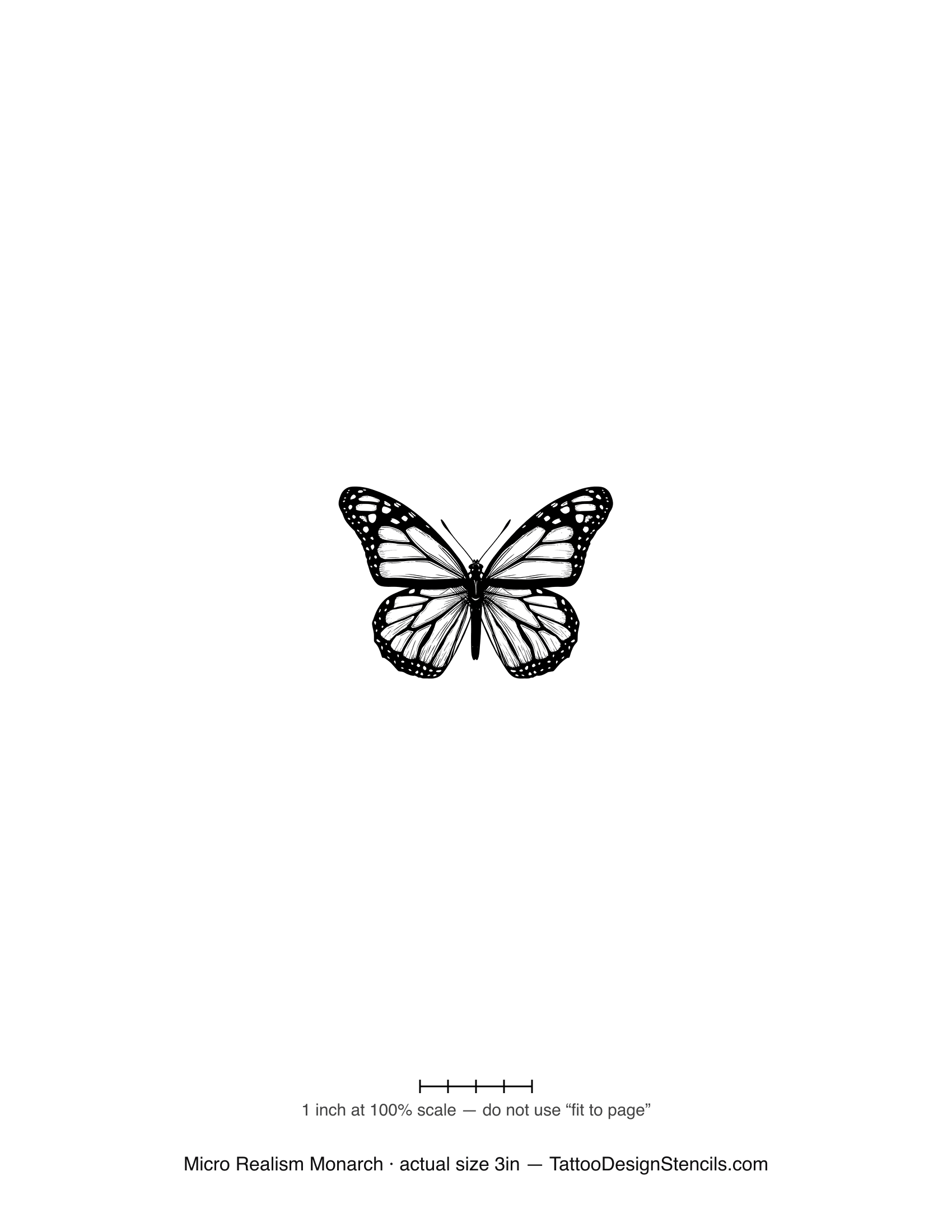 Micro realism monarch butterfly tattoo stencil — realistic detailed wings, small scale