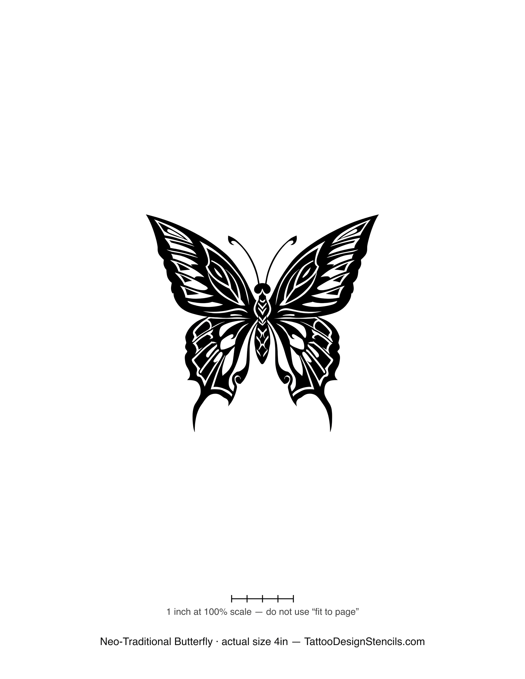 Neo-traditional butterfly tattoo stencil — ornate decorative wing panels