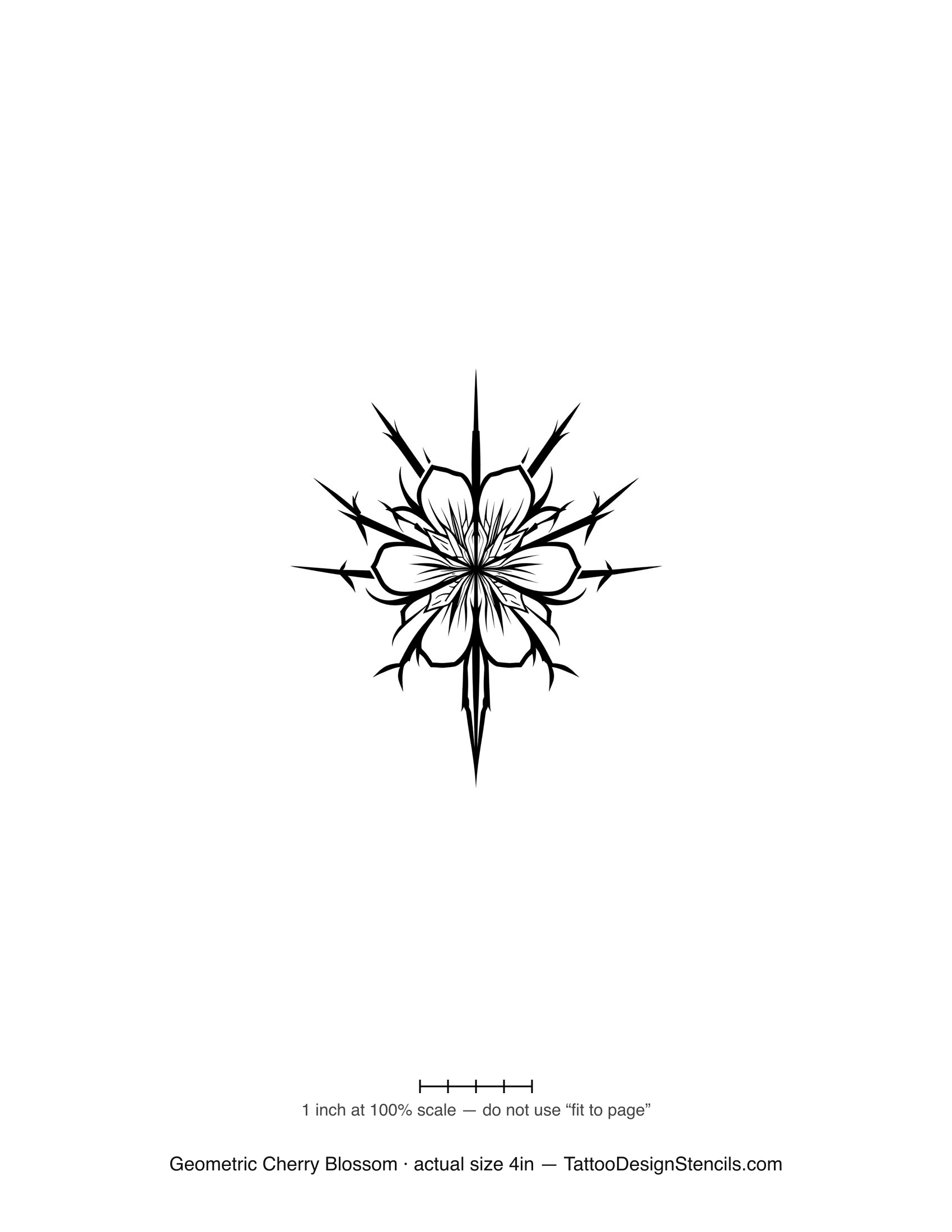 Geometric cherry blossom tattoo stencil — symmetric radial blossom