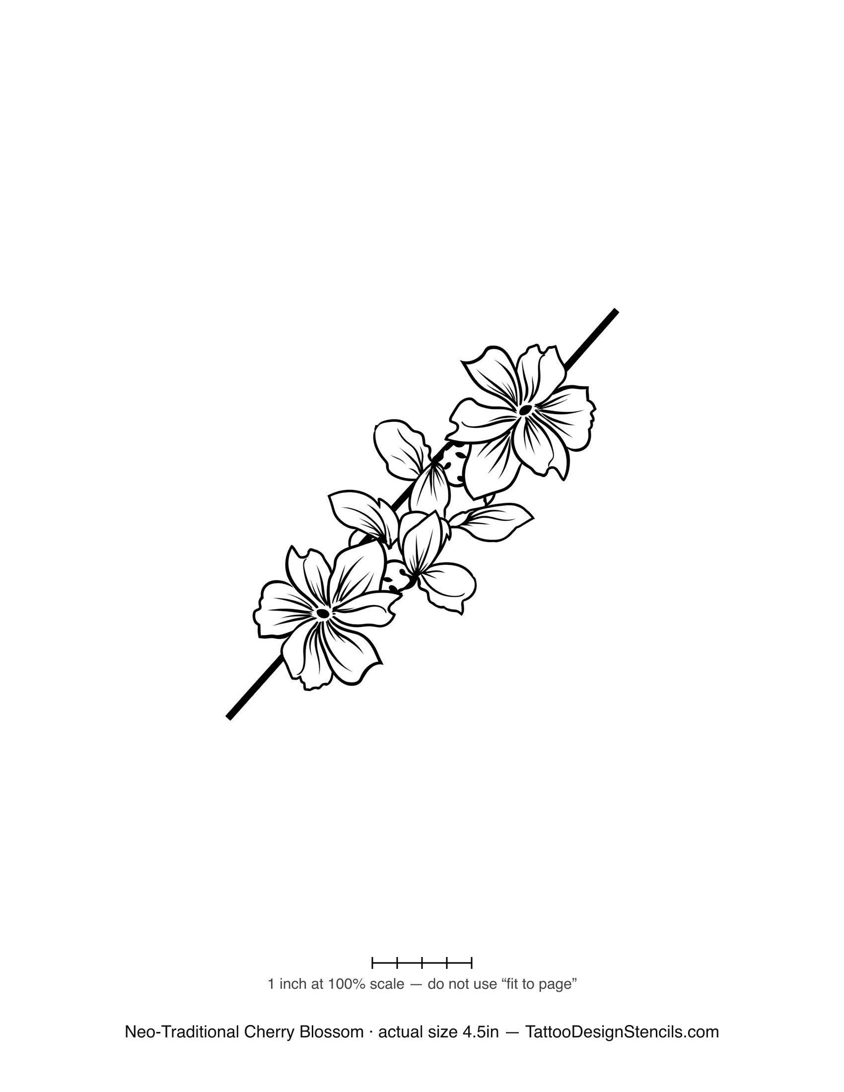 Neo-traditional cherry blossom tattoo stencil — ornate blossoming branch