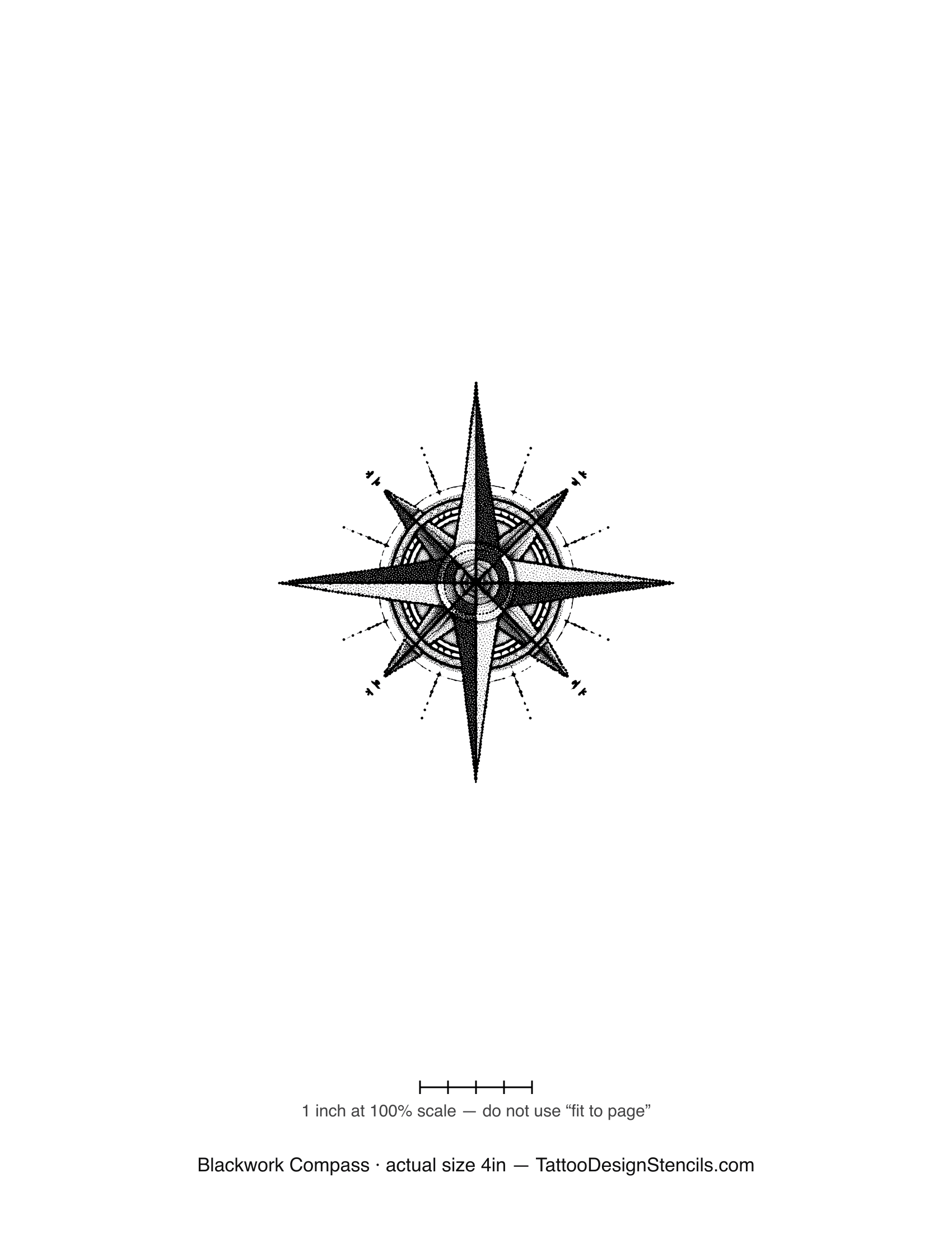 Blackwork compass tattoo stencil — bold nautical compass rose with ringed dial