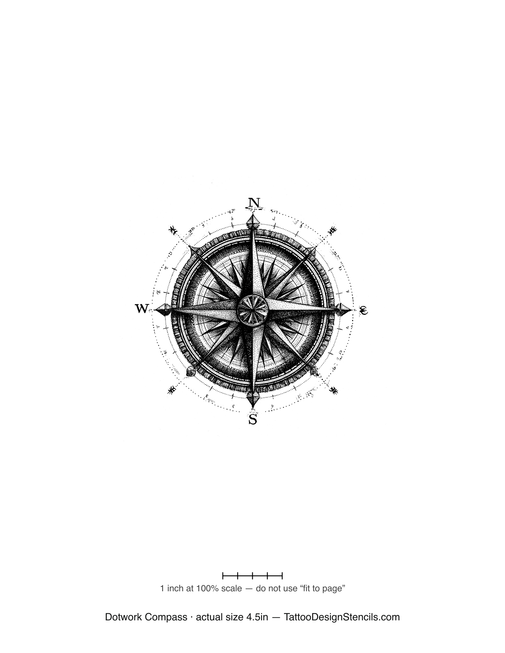 Dotwork compass tattoo stencil — realistic nautical compass in fine stipple