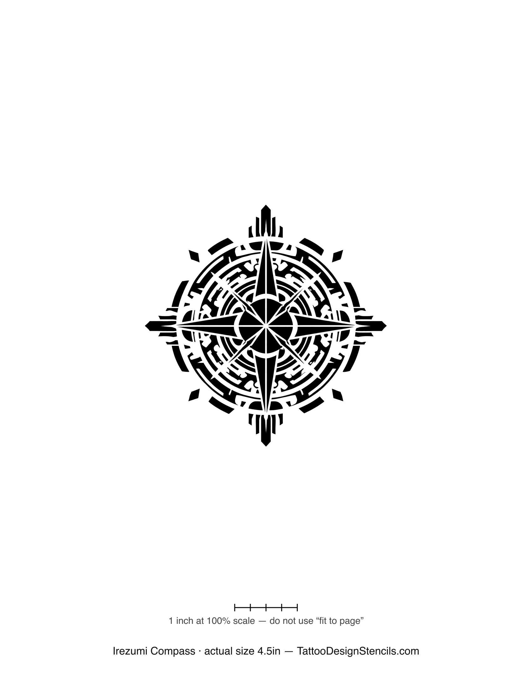 Japanese irezumi compass tattoo stencil — compass in a circular wave mandala