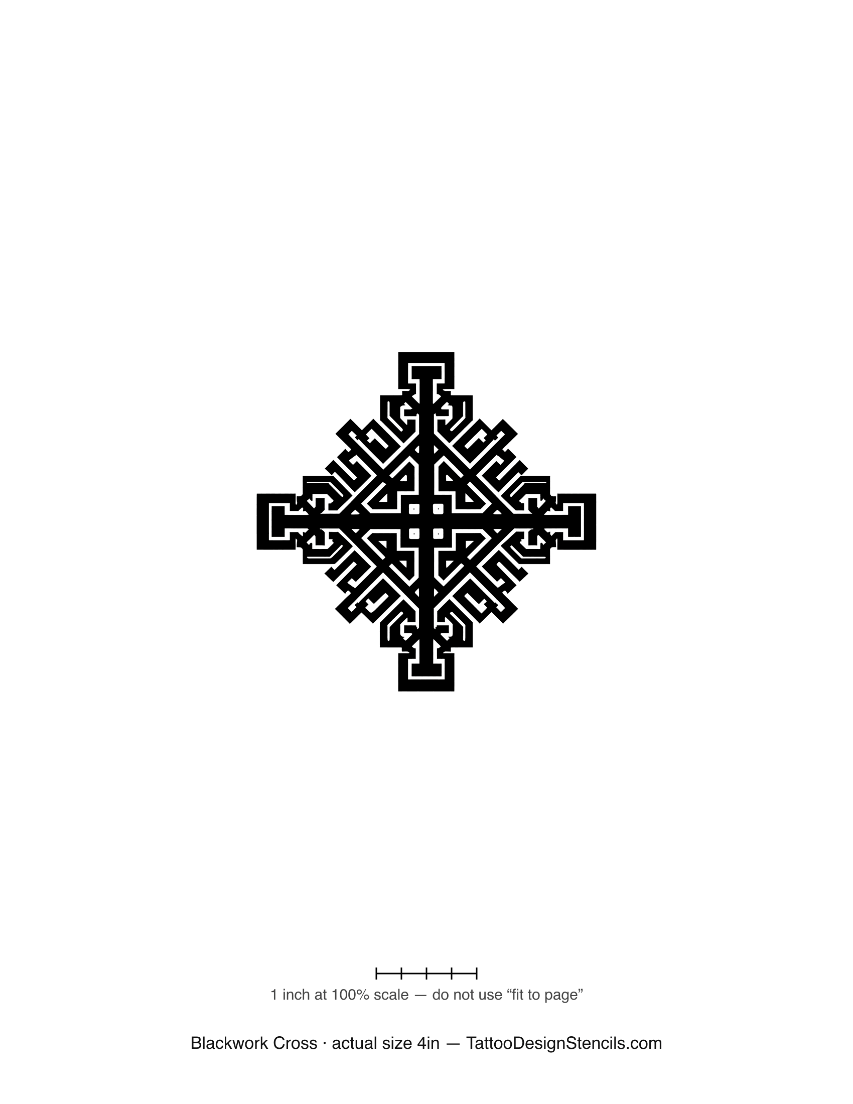 Blackwork cross tattoo stencil — ornate interlocking knotwork in solid black