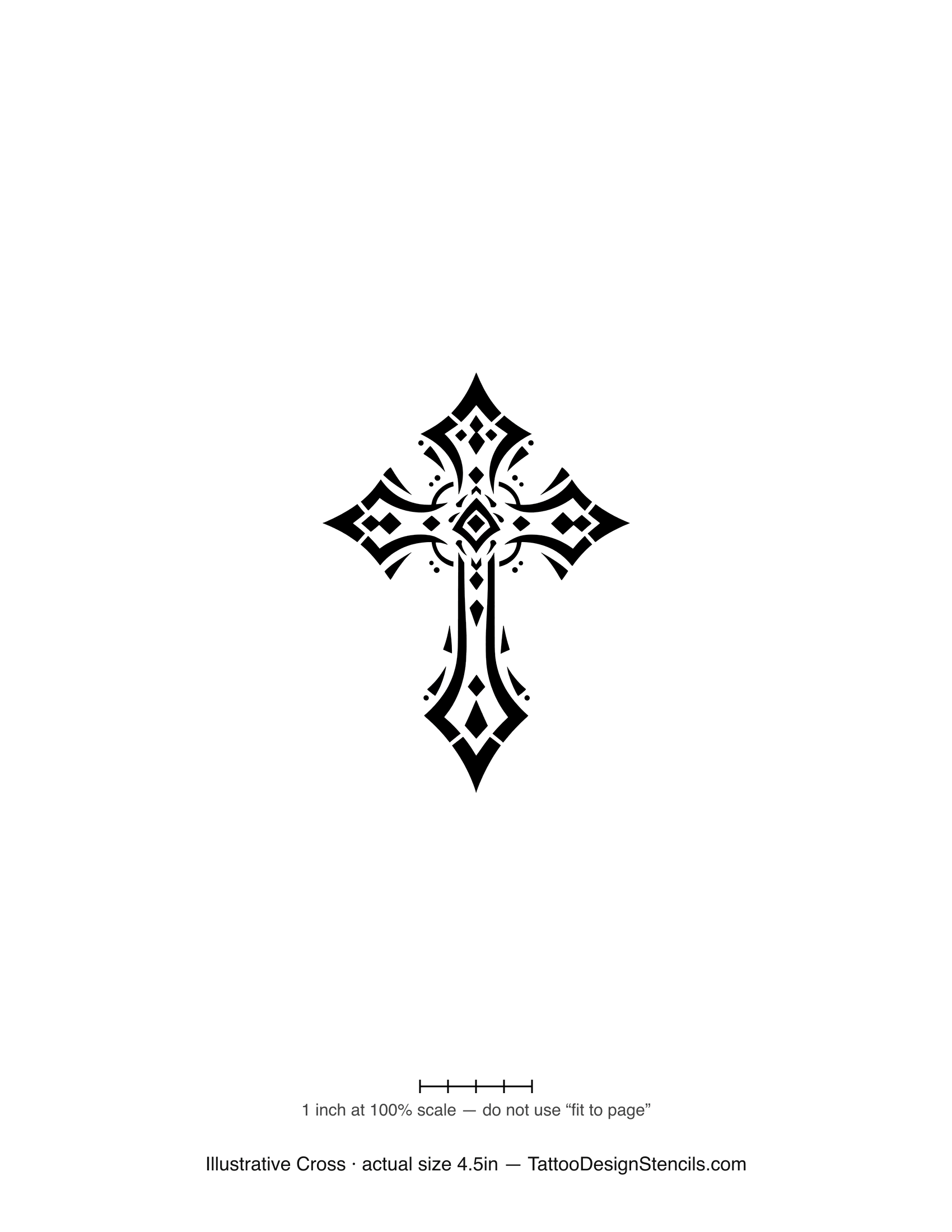 Illustrative gothic cross tattoo stencil — ornate detail on every arm