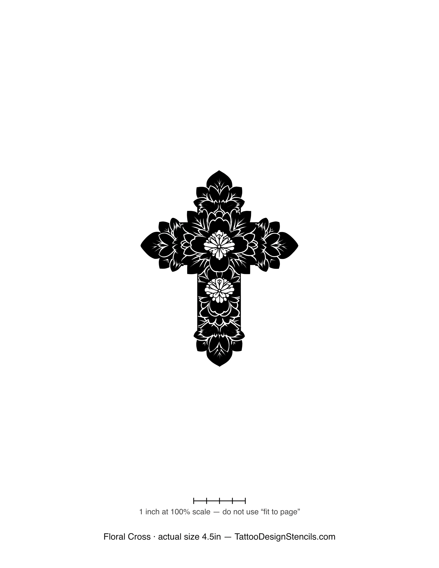 Japanese floral cross tattoo stencil — cross wrapped in peony and leaf work