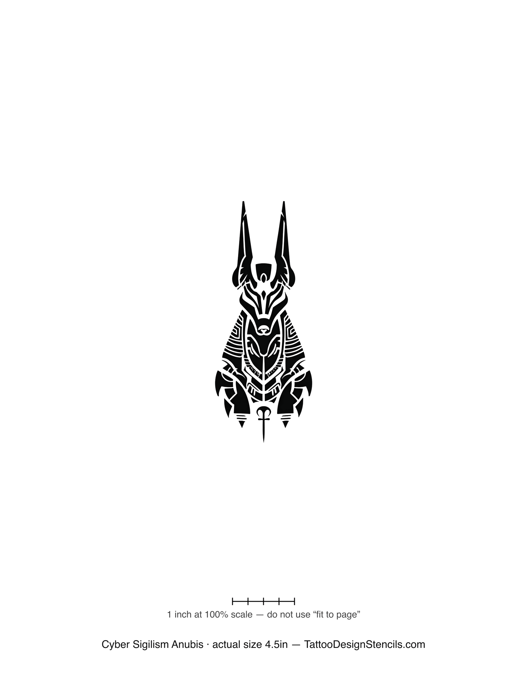 Cyber sigilism Anubis tattoo stencil — jackal god in sharp tech linework