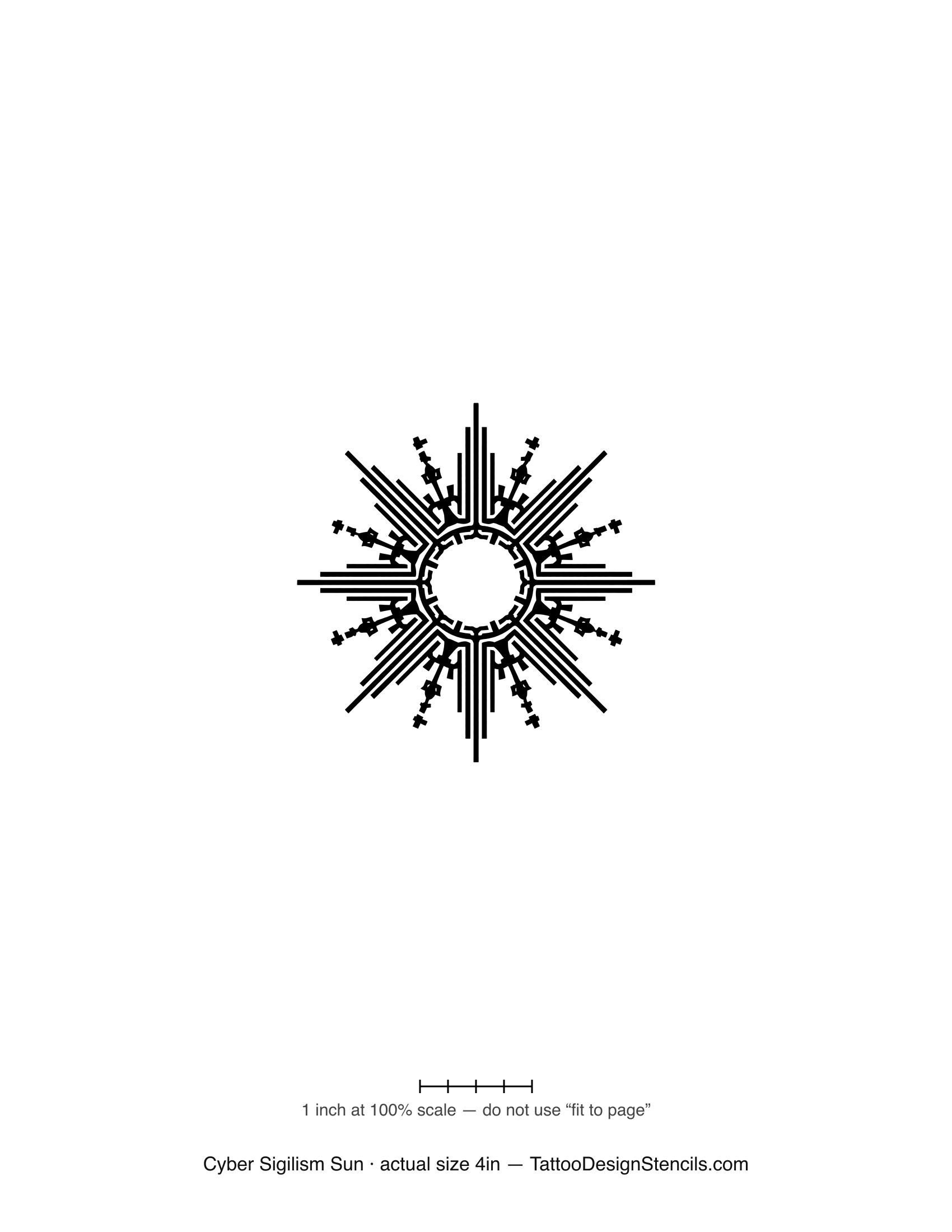 Cyber sigilism sun tattoo stencil — needle-thin radial rays with circuit ticks