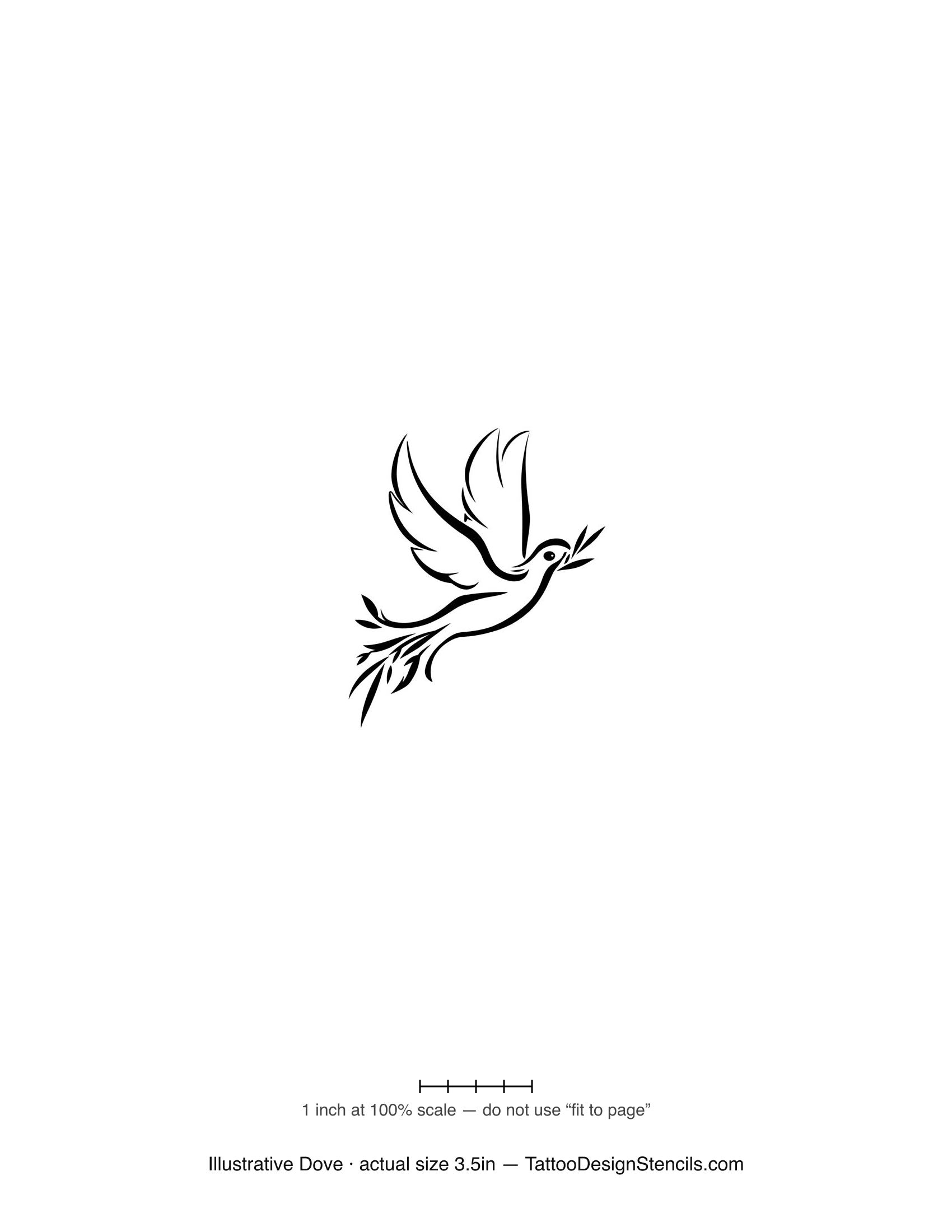 Illustrative dove tattoo stencil — dove in flight with olive branch