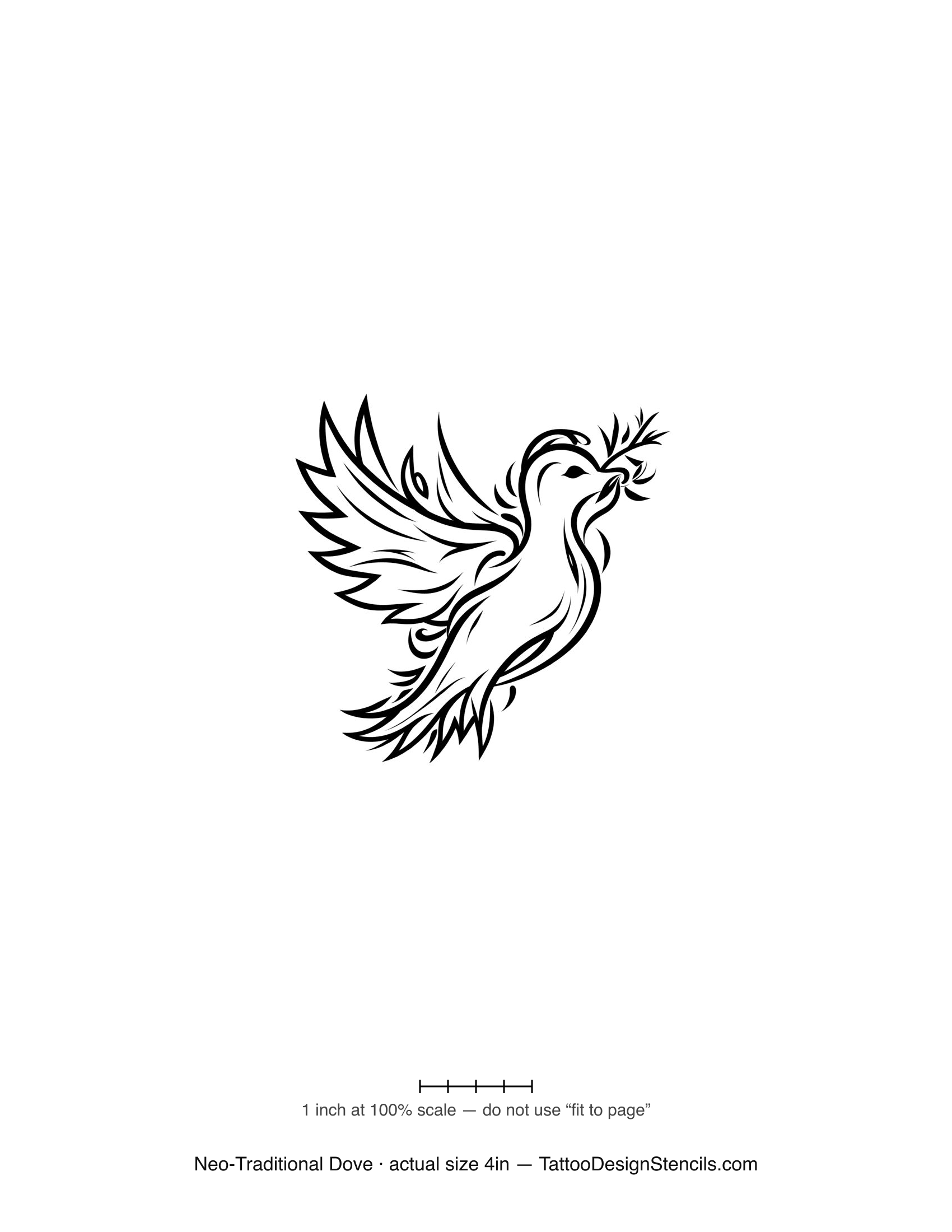 Neo-traditional dove tattoo stencil — ornate dove with decorative wings
