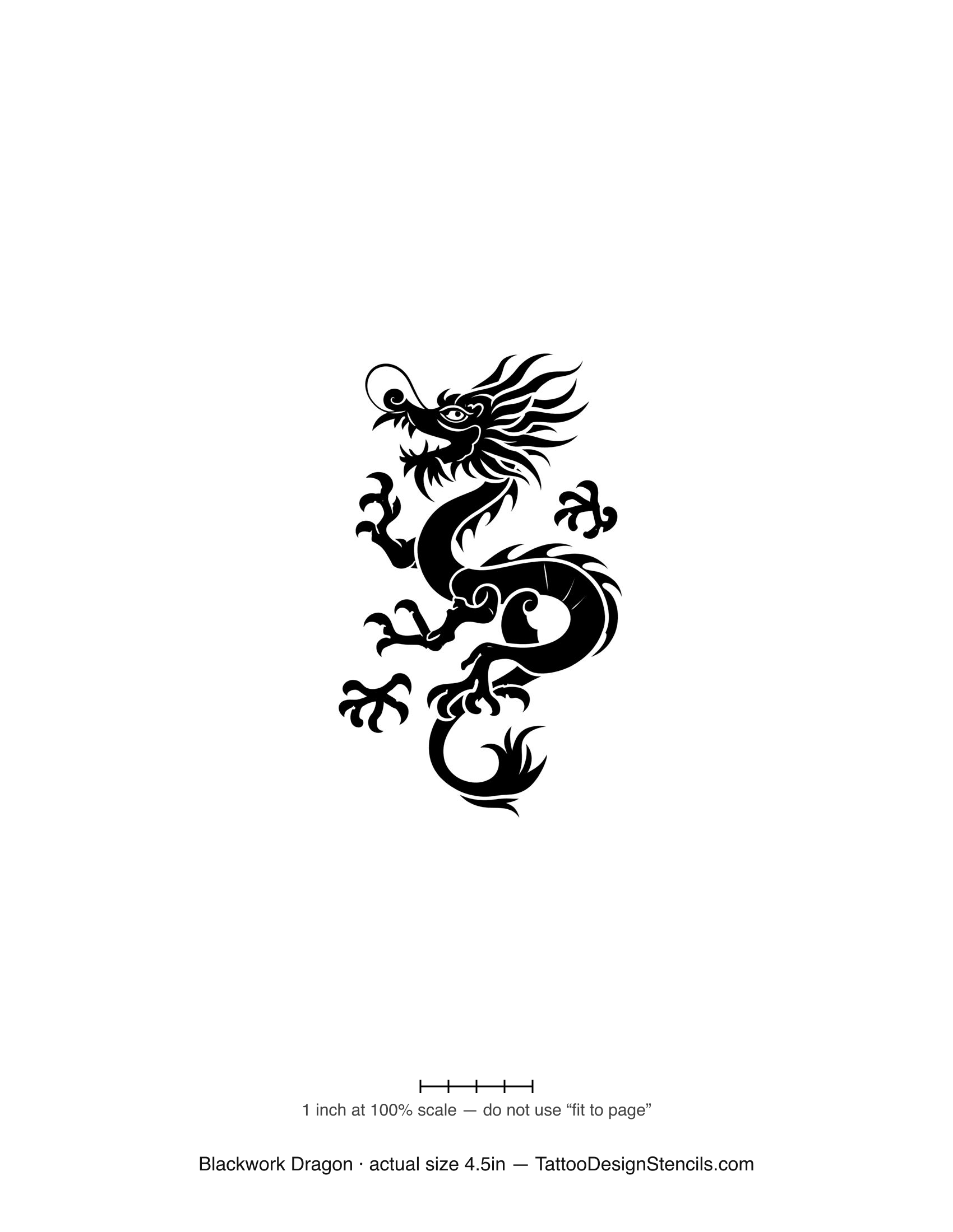 Blackwork dragon tattoo stencil — bold coiled eastern dragon in solid black