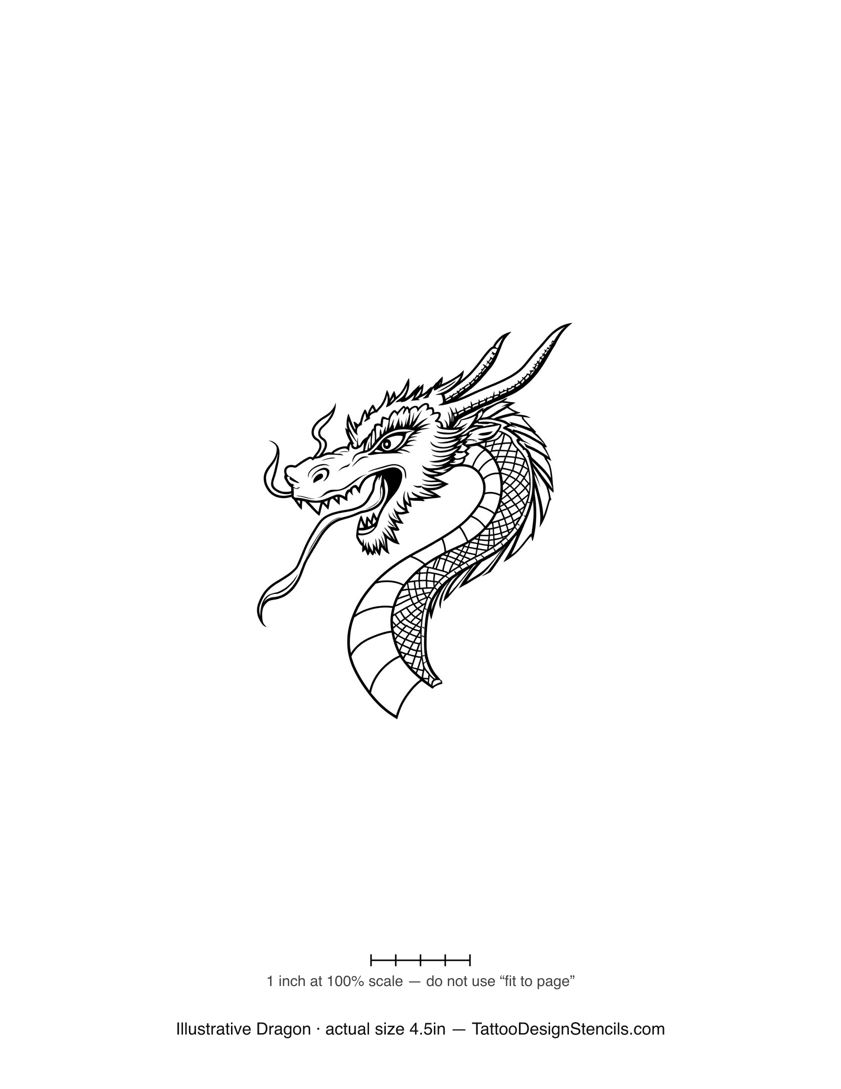 Illustrative dragon tattoo stencil — detailed dragon with fine scale work