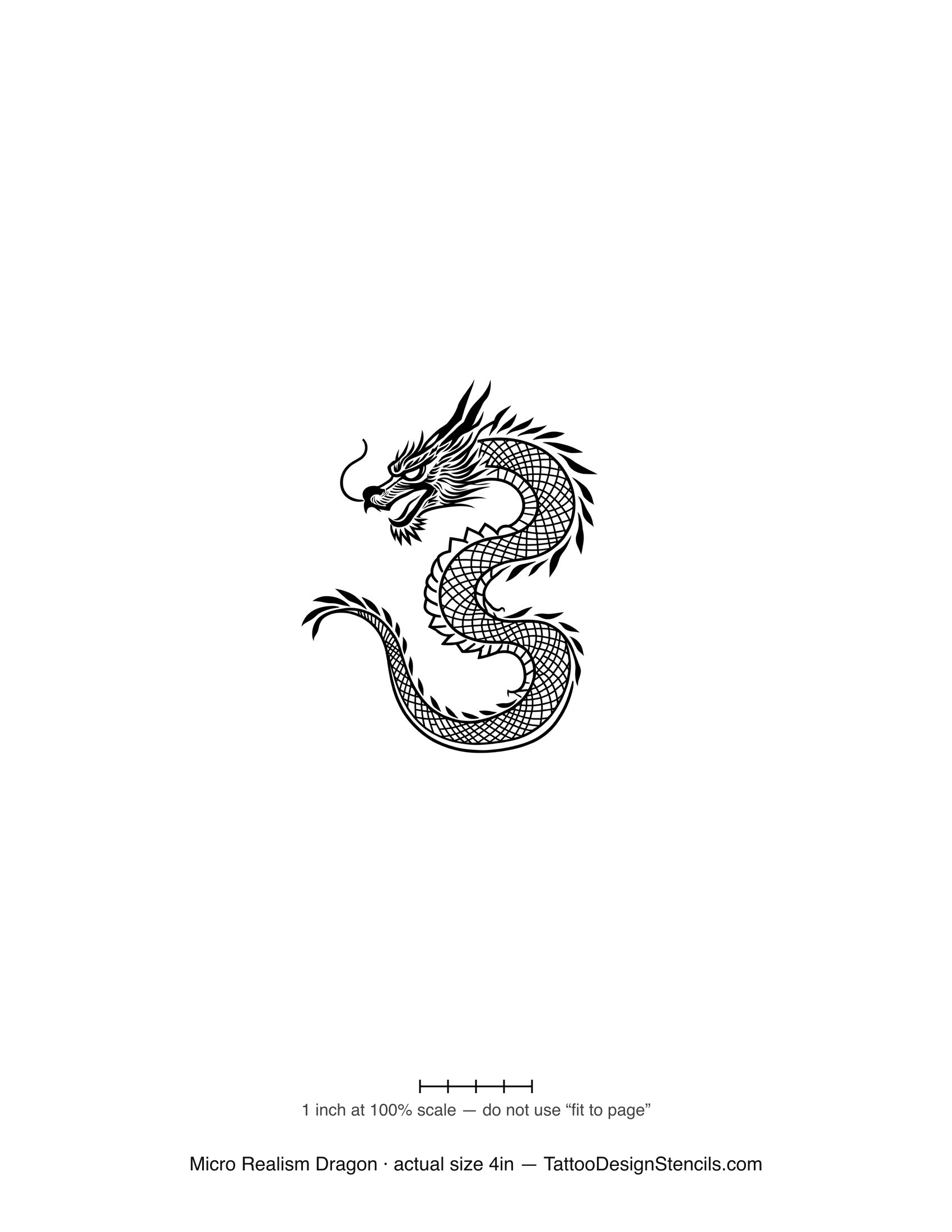 Micro realism dragon tattoo stencil — finely detailed scaled dragon