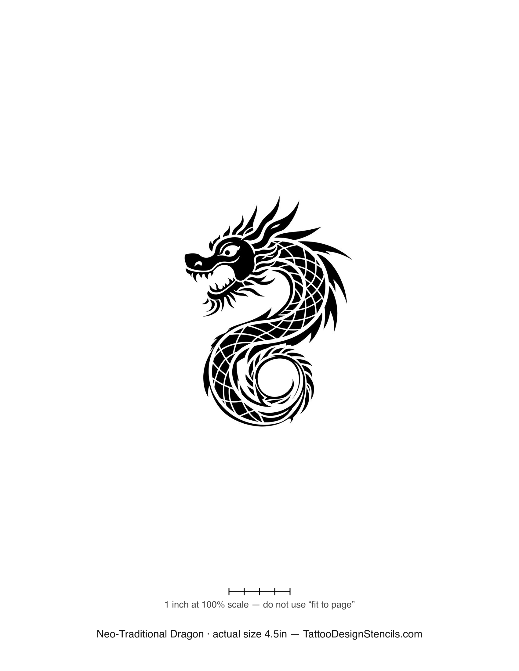 Neo-traditional dragon tattoo stencil — ornate dragon with decorative scales