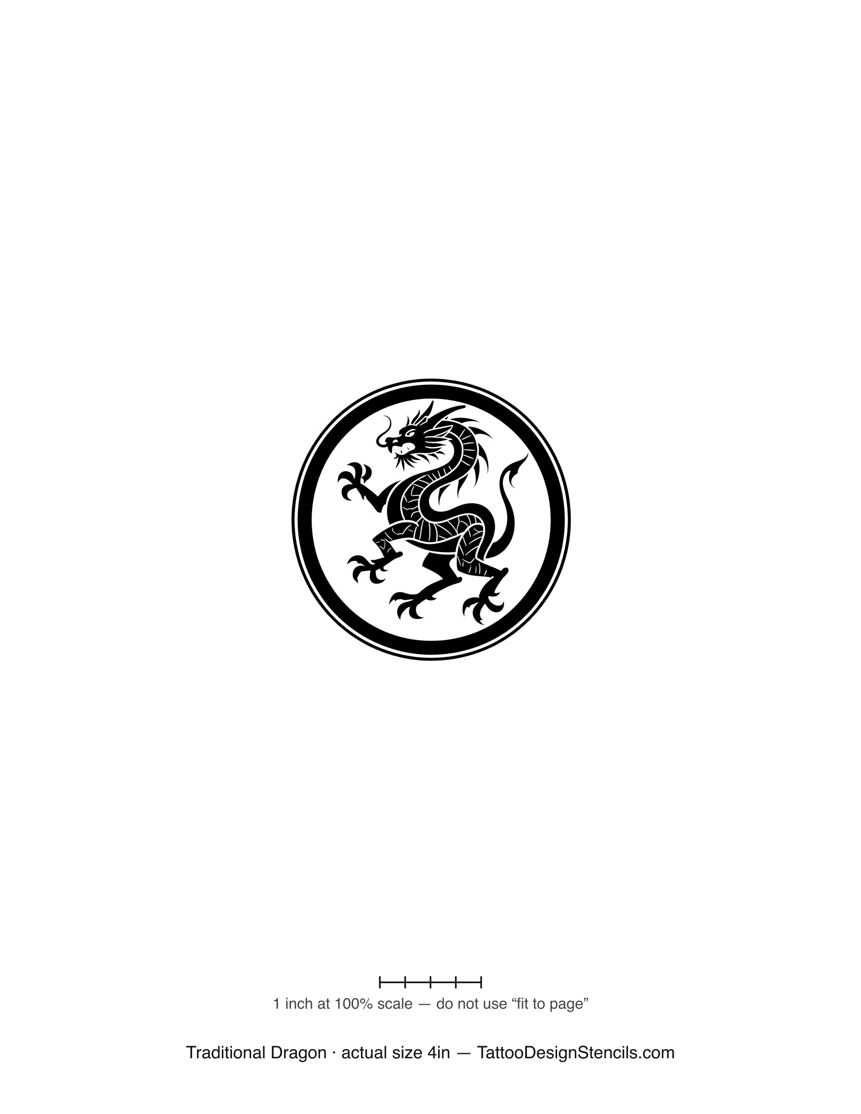 Traditional dragon tattoo stencil — bold dragon in a circular medallion