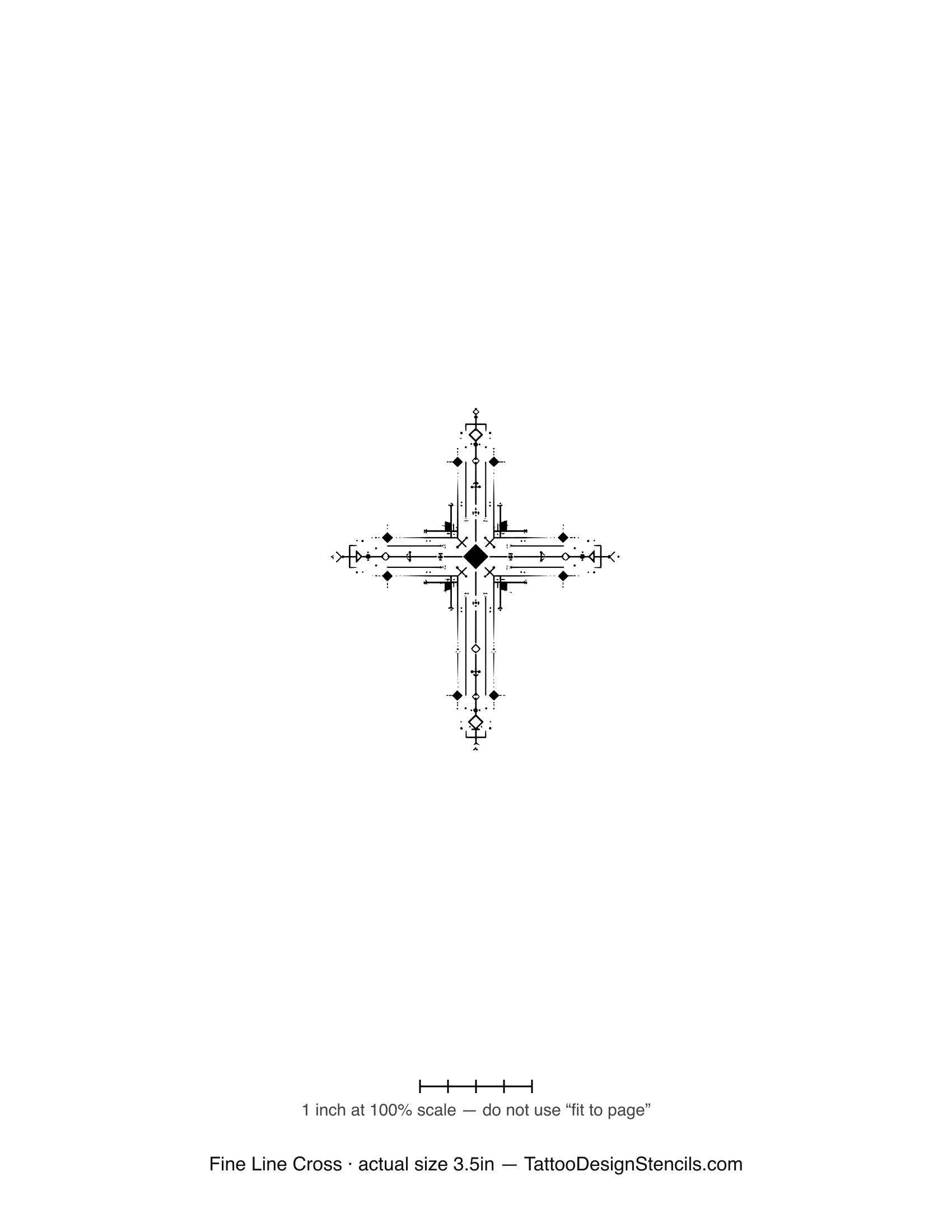 Fine line ornamental cross tattoo stencil — thin strokes with diamond accents