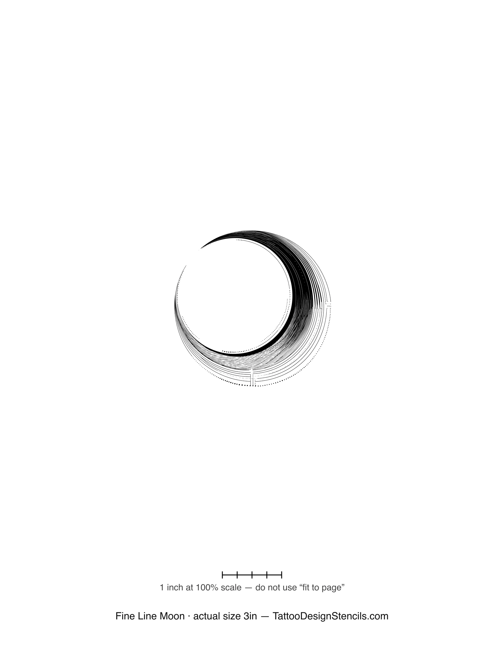 Fine line moon tattoo stencil — crescent of concentric hairline arcs