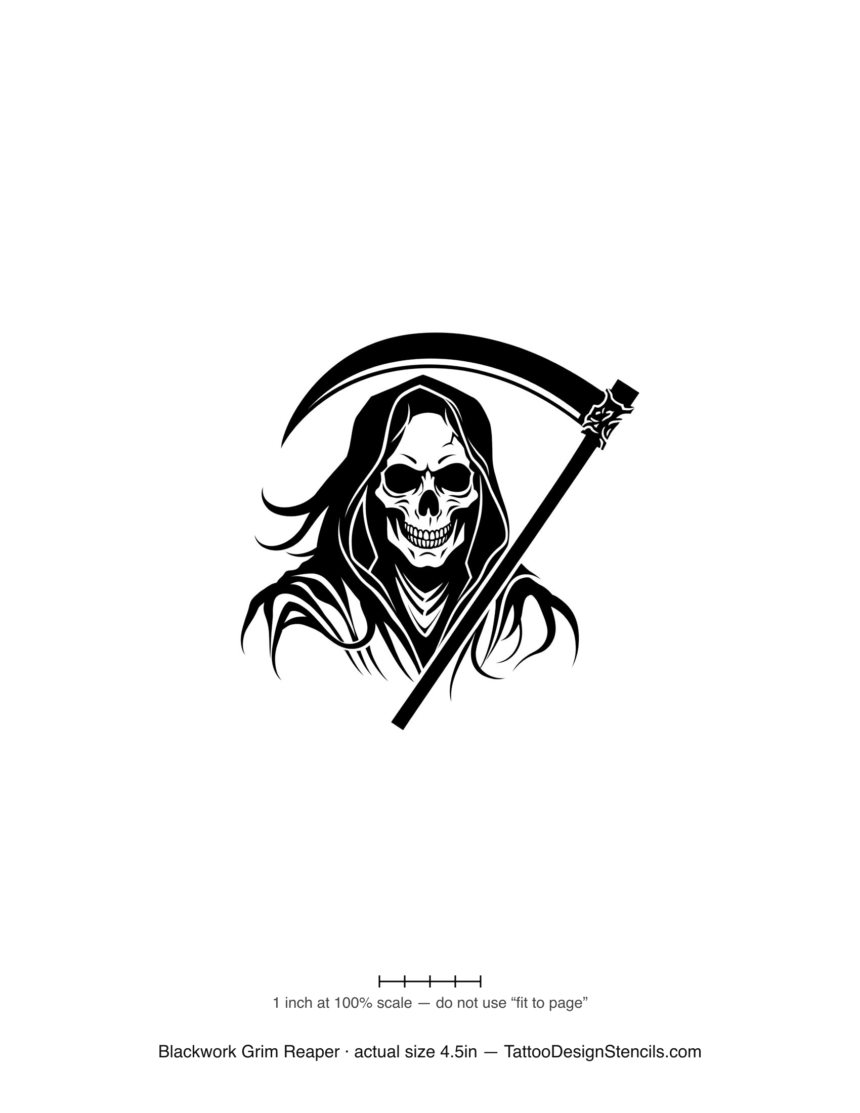 Blackwork grim reaper tattoo stencil — bold hooded skull with scythe