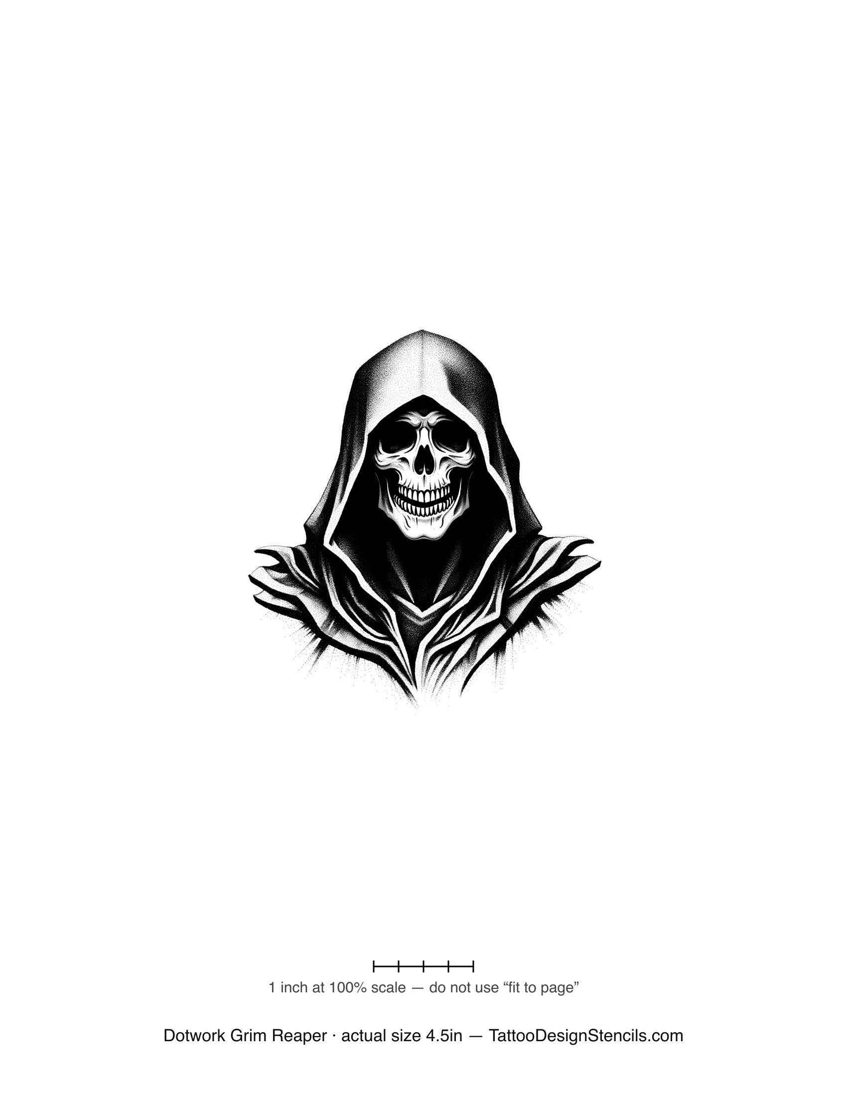 Dotwork grim reaper tattoo stencil — hooded skull in fine stipple shading