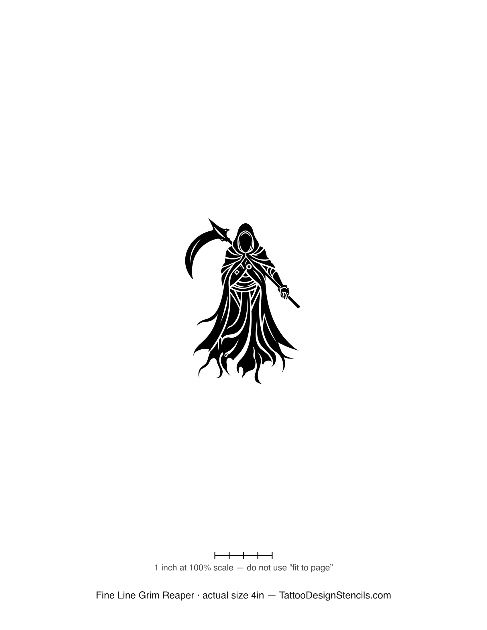 Fine line grim reaper tattoo stencil — slender robed reaper in thin linework