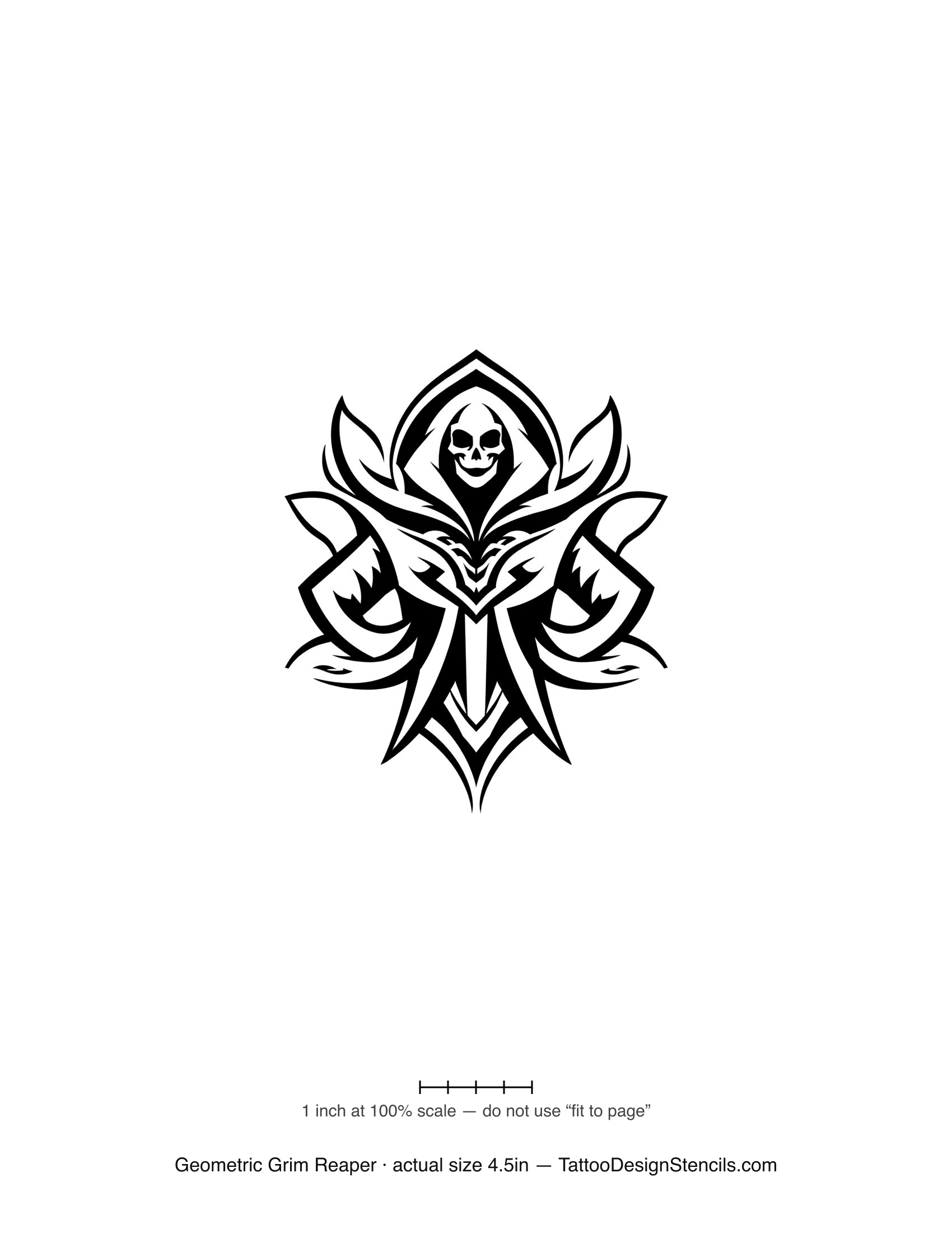 Geometric grim reaper tattoo stencil — angular geometric hooded reaper