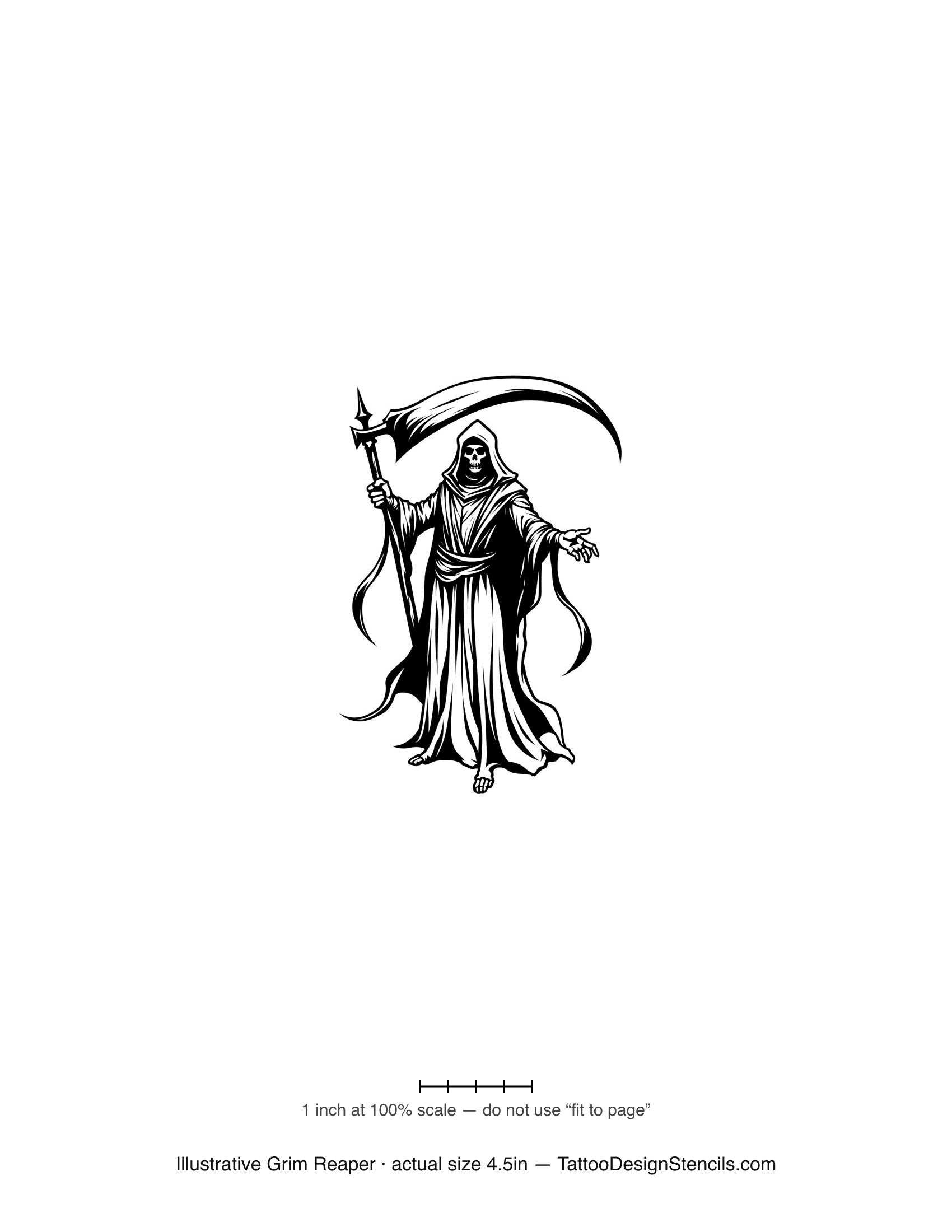 Illustrative grim reaper tattoo stencil — detailed robed figure with scythe