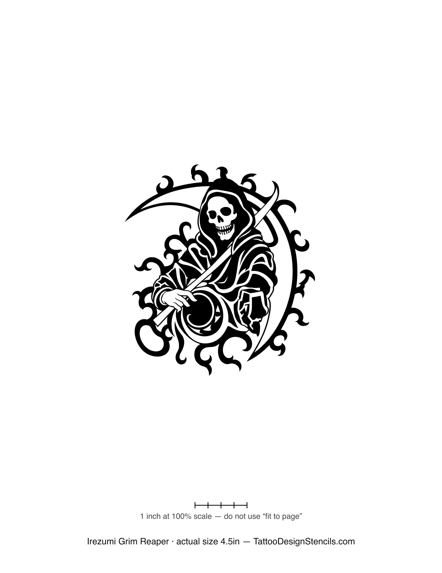 Japanese irezumi grim reaper tattoo stencil — reaper with sweeping scythe arc