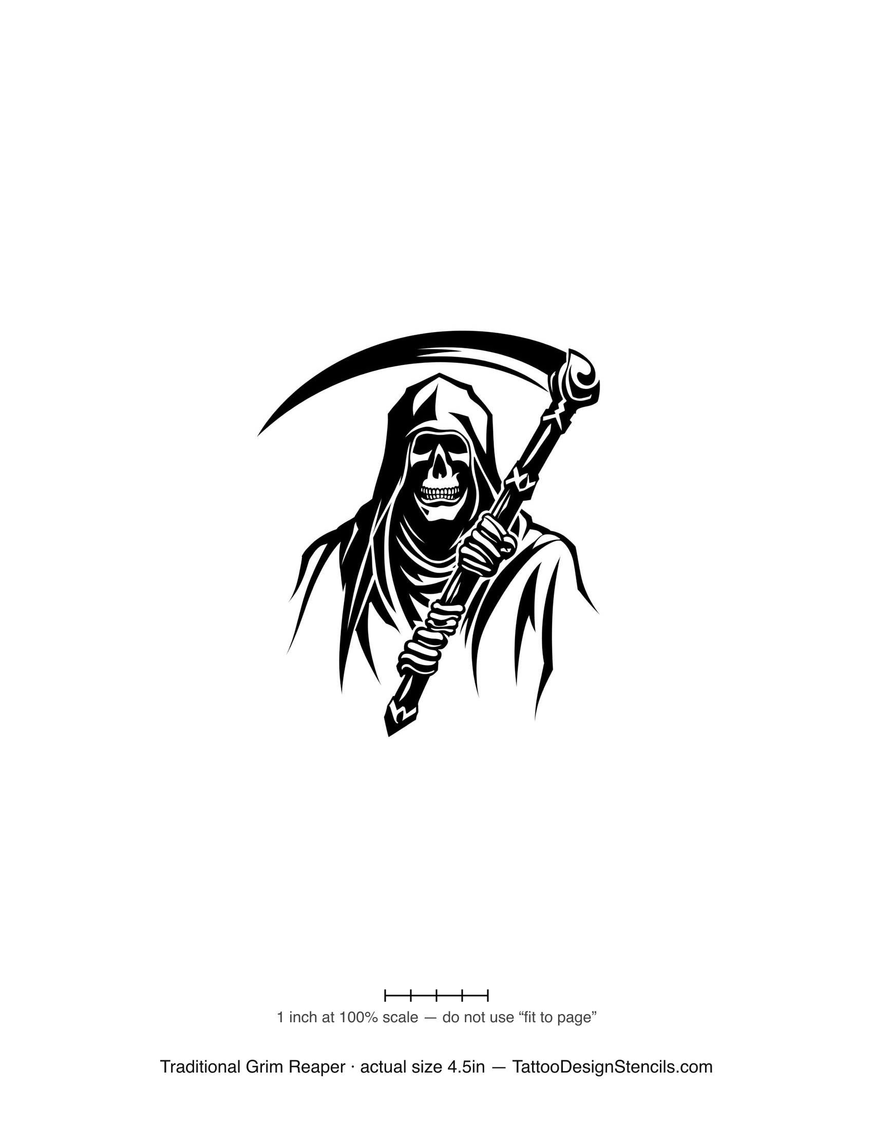Traditional grim reaper tattoo stencil — bold old-school hooded skull