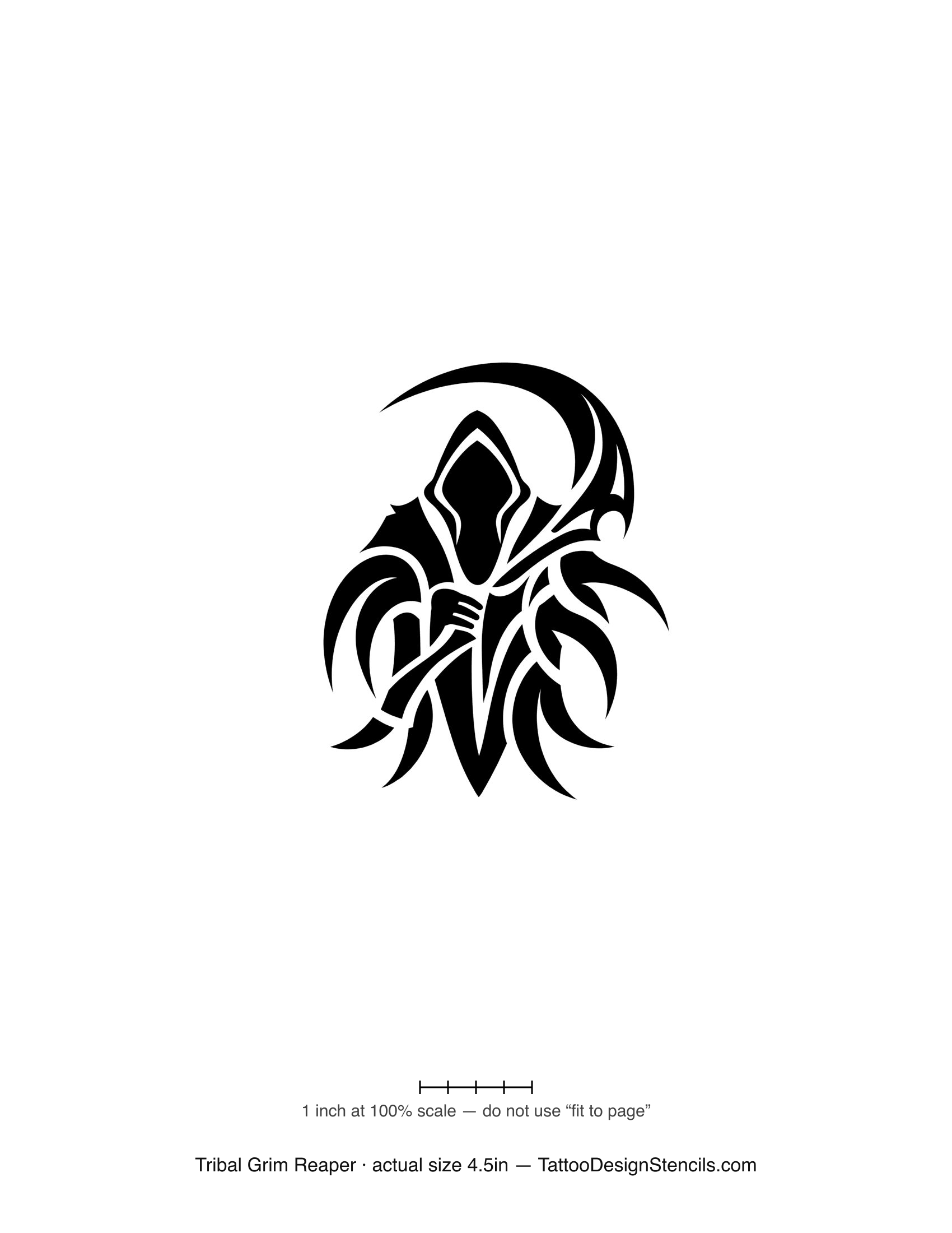 Tribal grim reaper tattoo stencil — hooded reaper in bold tribal blades