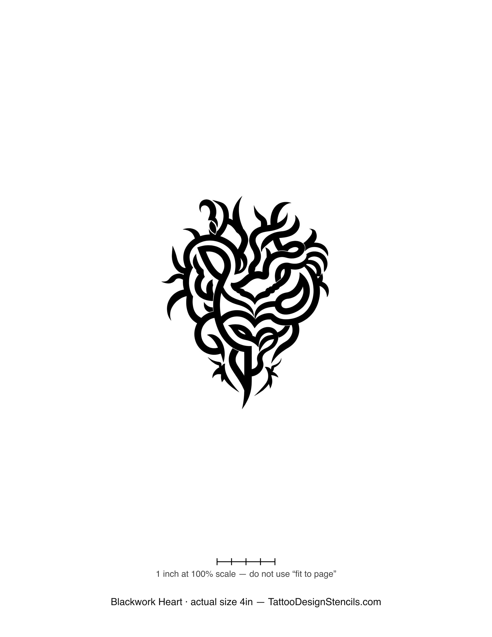 Blackwork heart tattoo stencil — heart in bold black thorns and vines