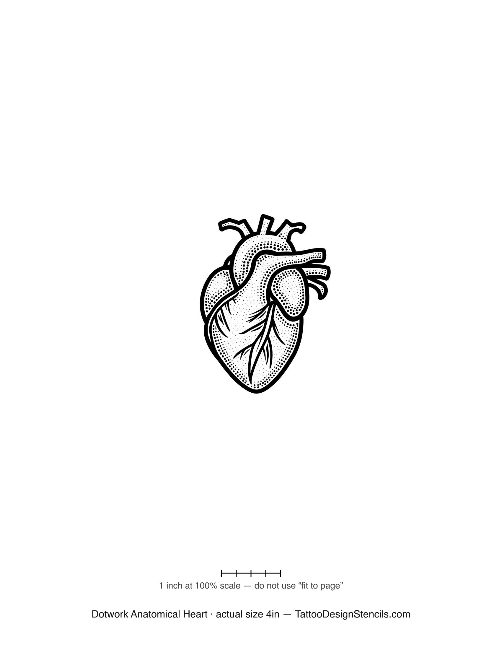 Dotwork anatomical heart tattoo stencil — vessels and chambers in fine stipple