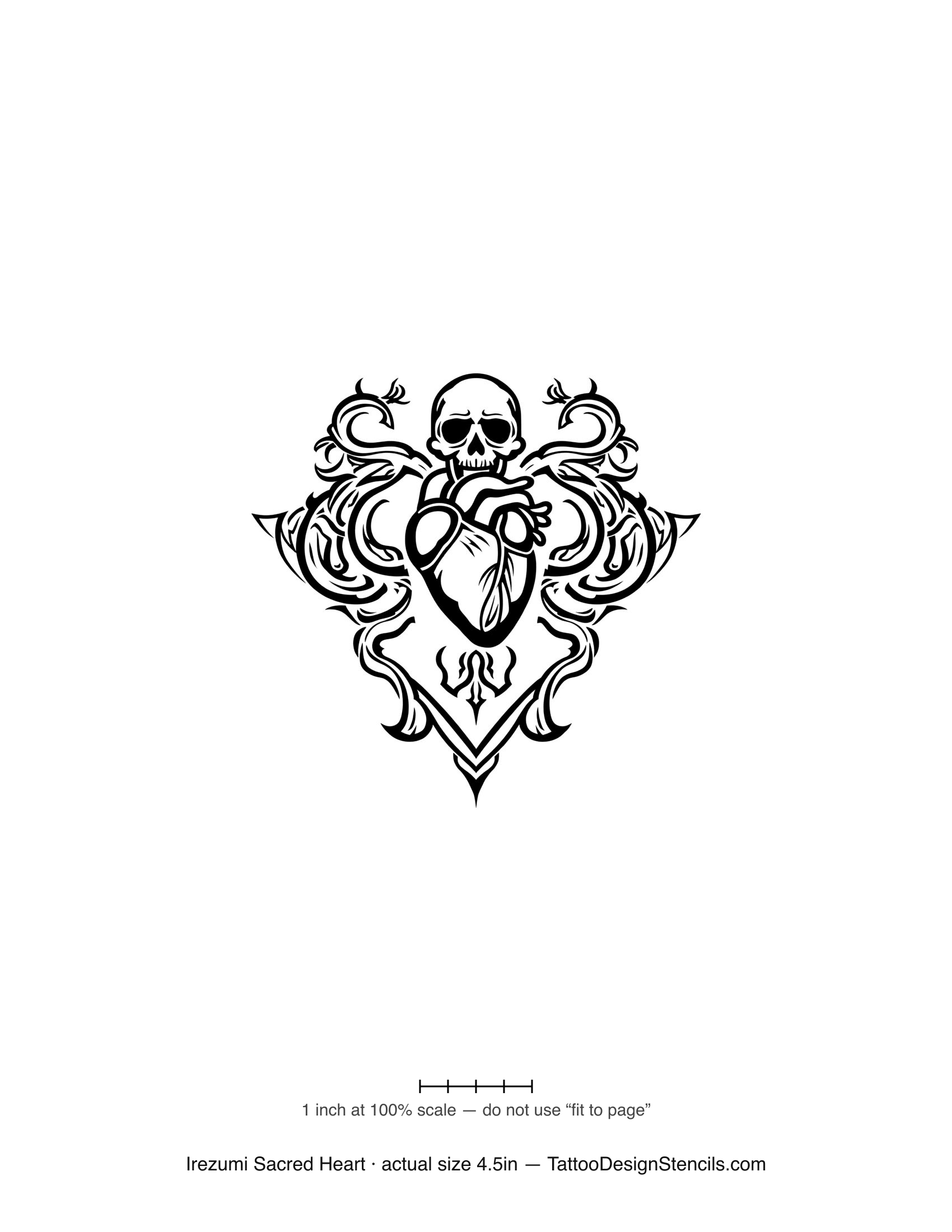 Japanese irezumi sacred heart tattoo stencil — ornate framed heart