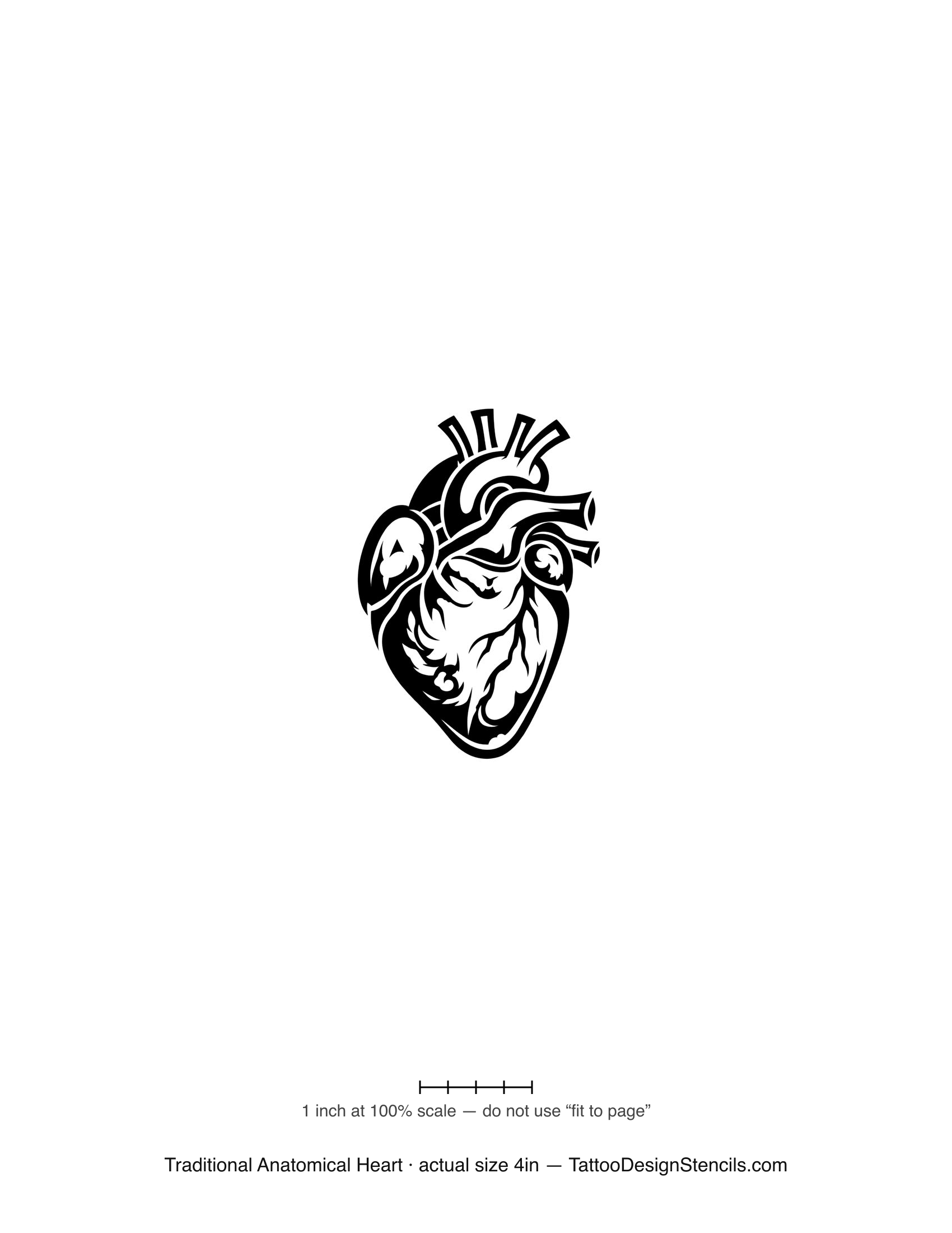 Traditional anatomical heart tattoo stencil — bold old-school flash heart