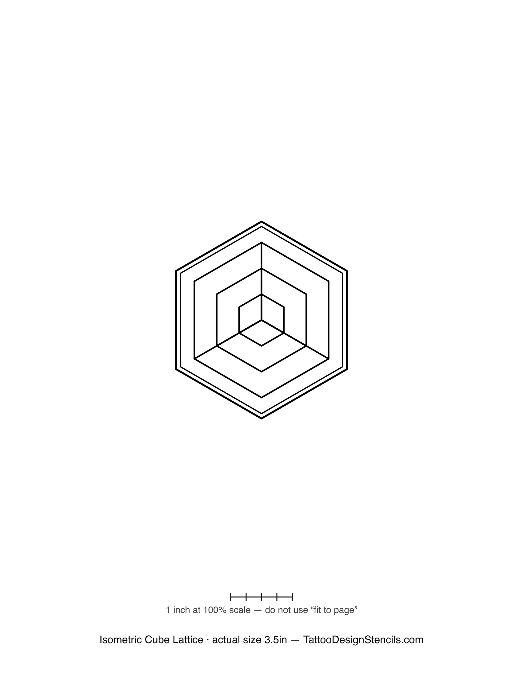 Isometric cube tattoo stencil — nested hexagonal cube lattice with optical depth, black linework