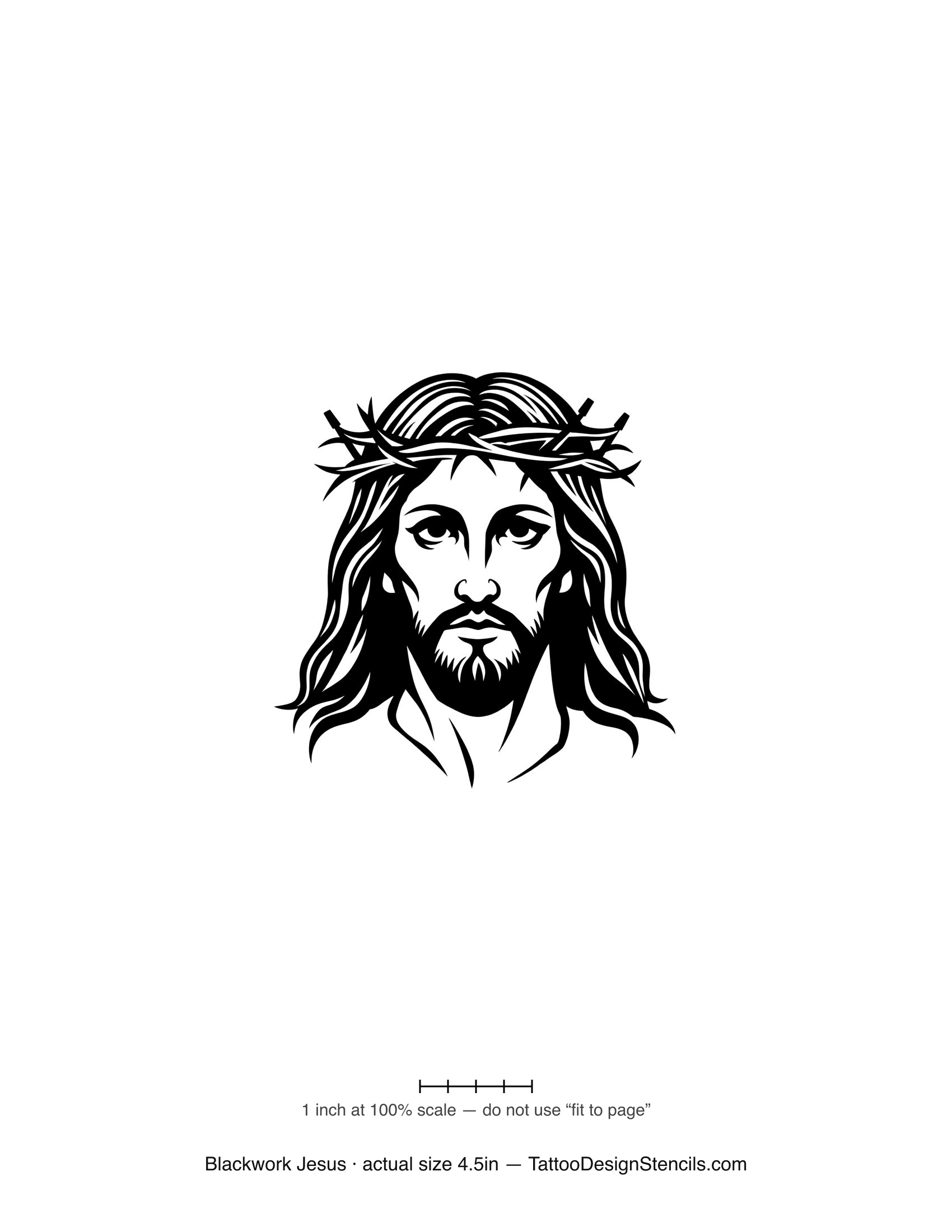 Blackwork Jesus tattoo stencil — bold portrait with crown of thorns