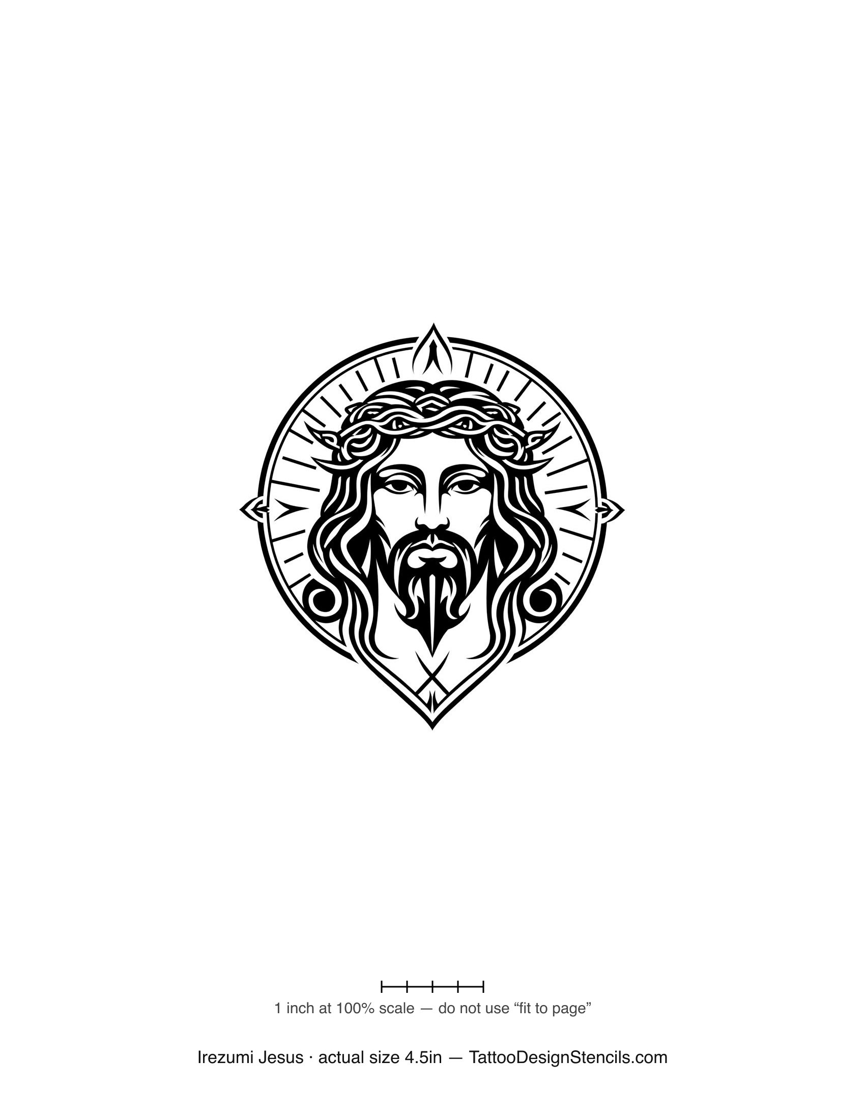 Japanese irezumi Jesus tattoo stencil — portrait in a radiant medallion