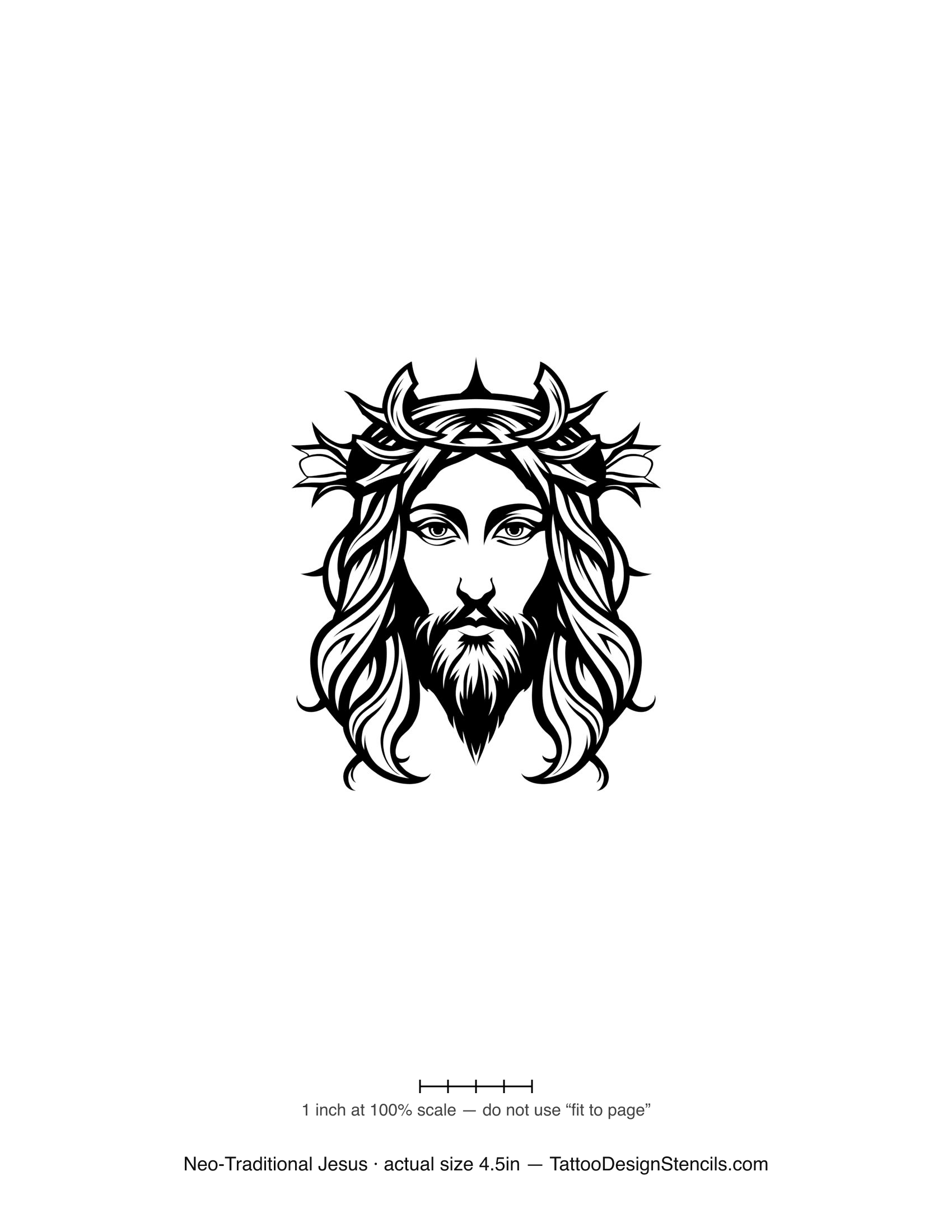 Neo-traditional Jesus tattoo stencil — ornate portrait with thorn crown