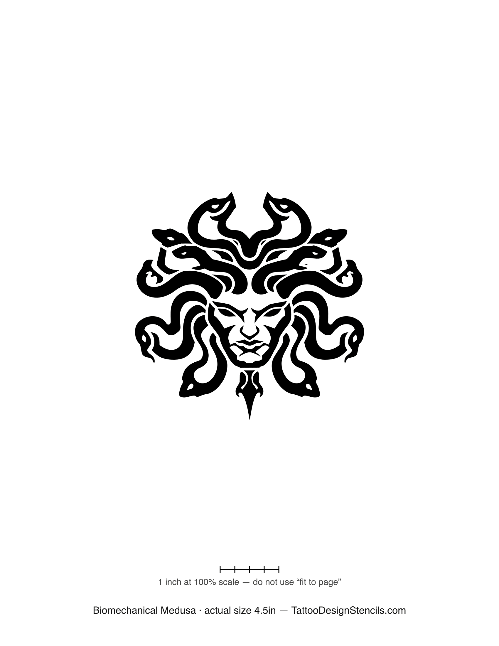 Biomechanical Medusa tattoo stencil — classical face with mechanical serpents