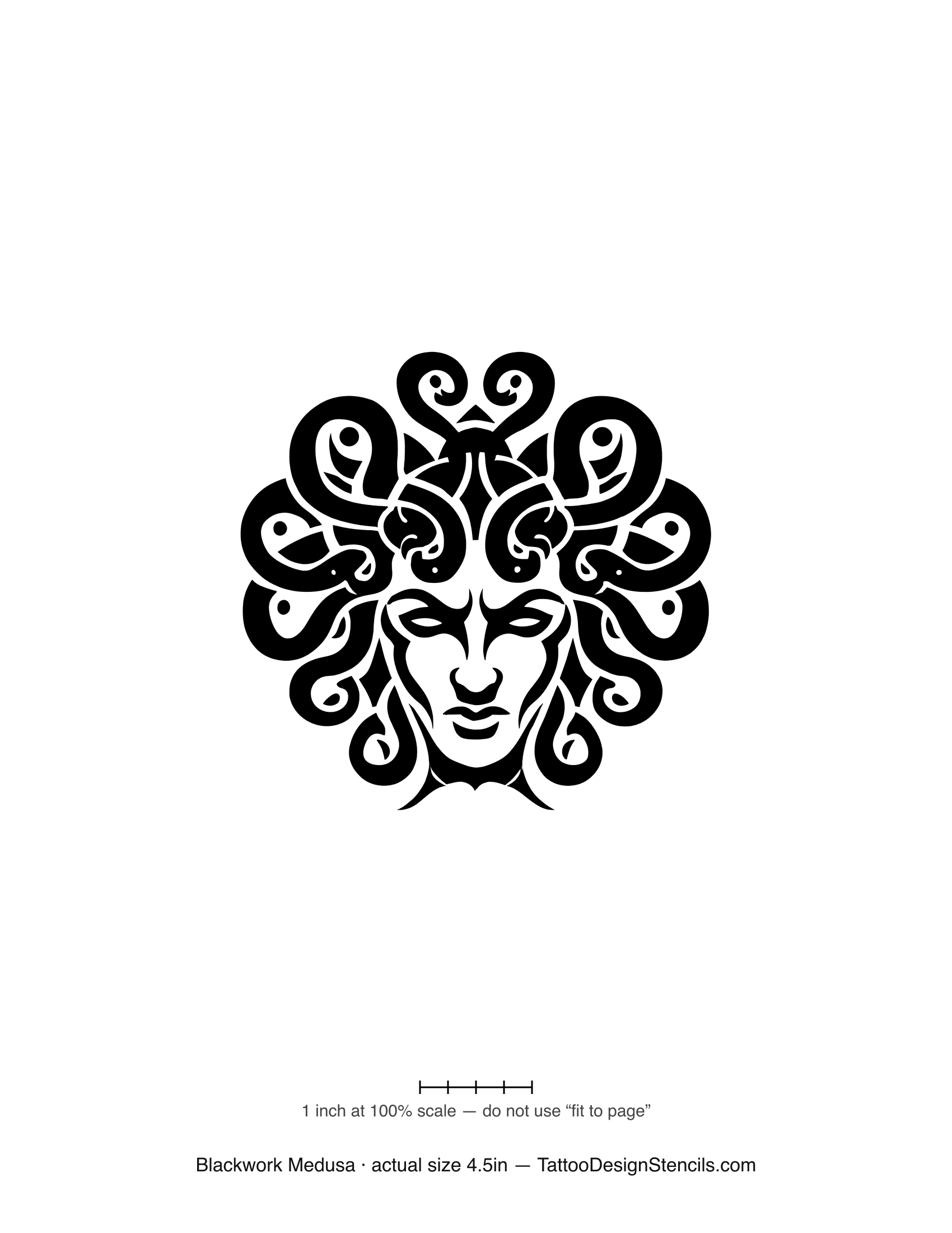 Blackwork Medusa tattoo stencil — bold face with snakes and Greek key border