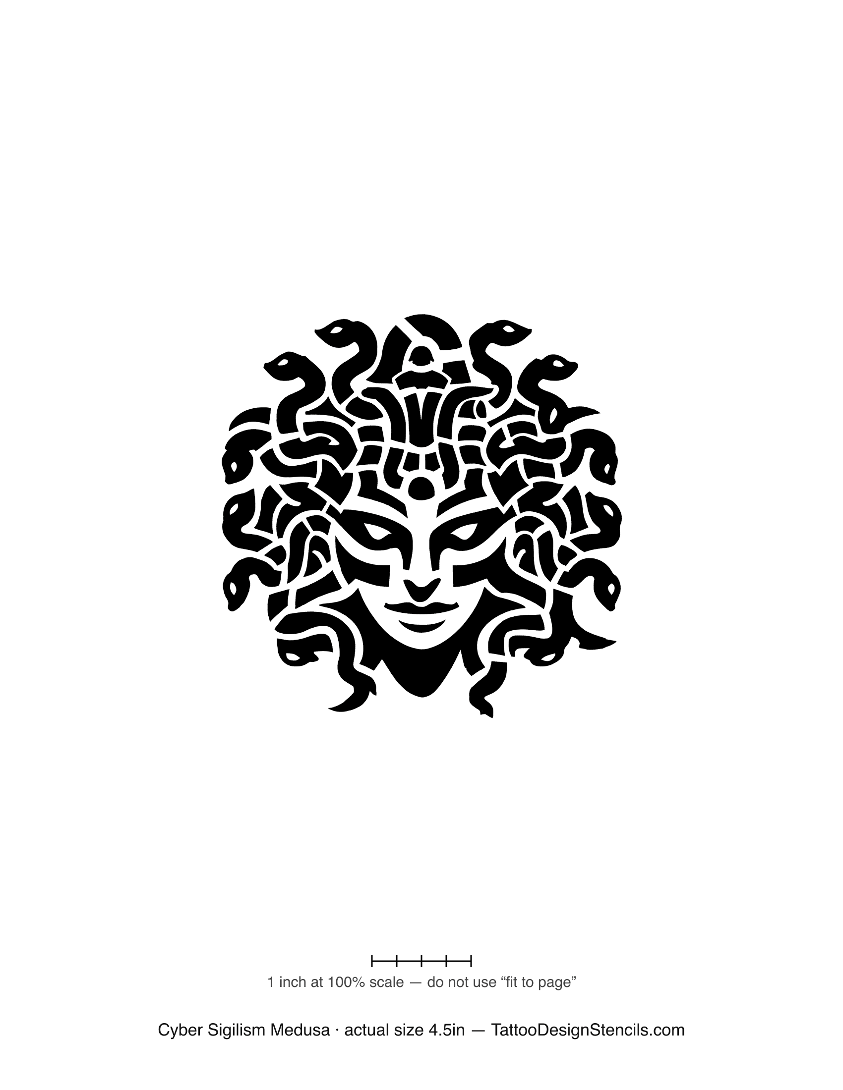 Cyber sigilism Medusa tattoo stencil — face with snakes as sharp barbed blades